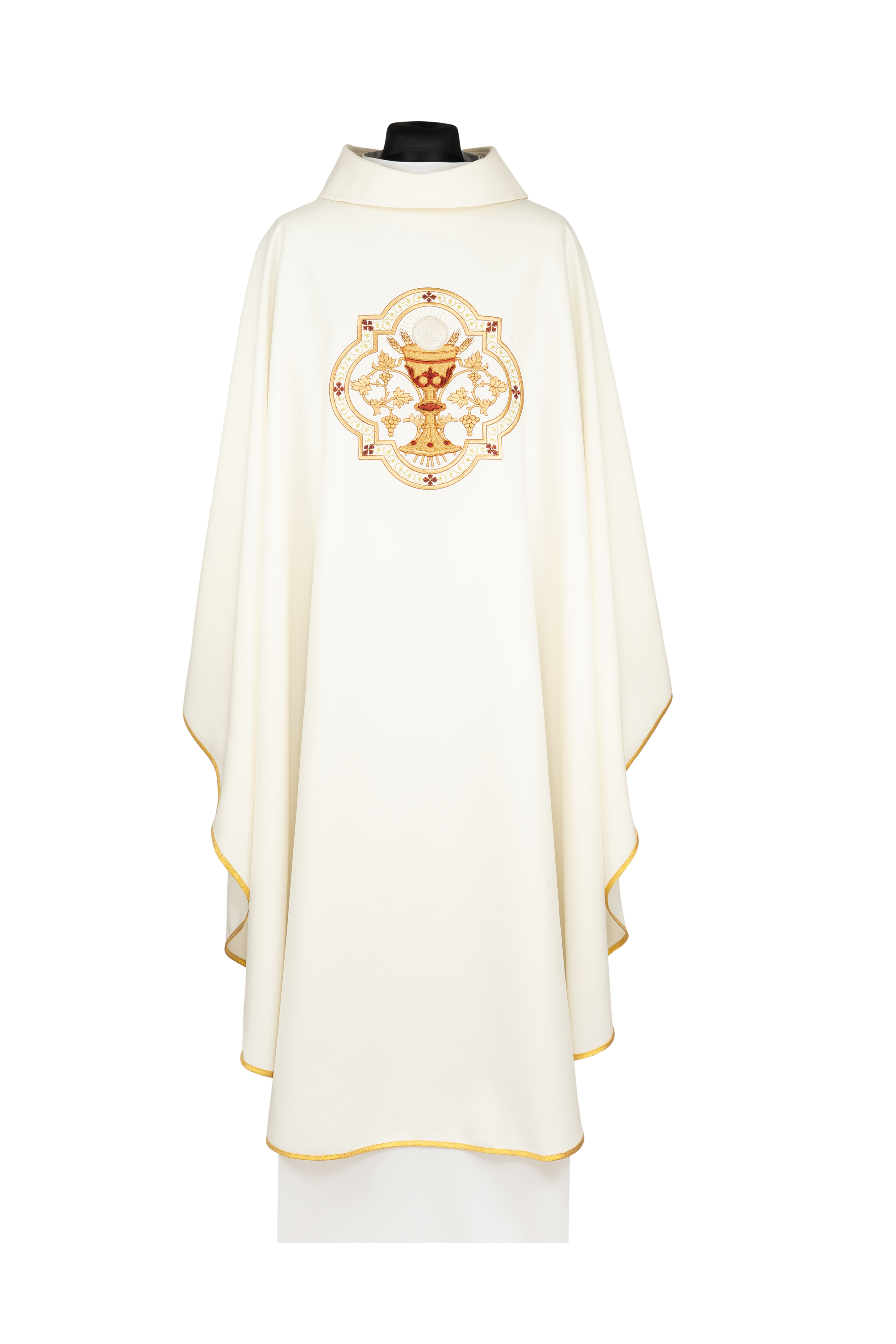 Chasuble brodée avec motif du Calice eucharistique et du symbole IHS