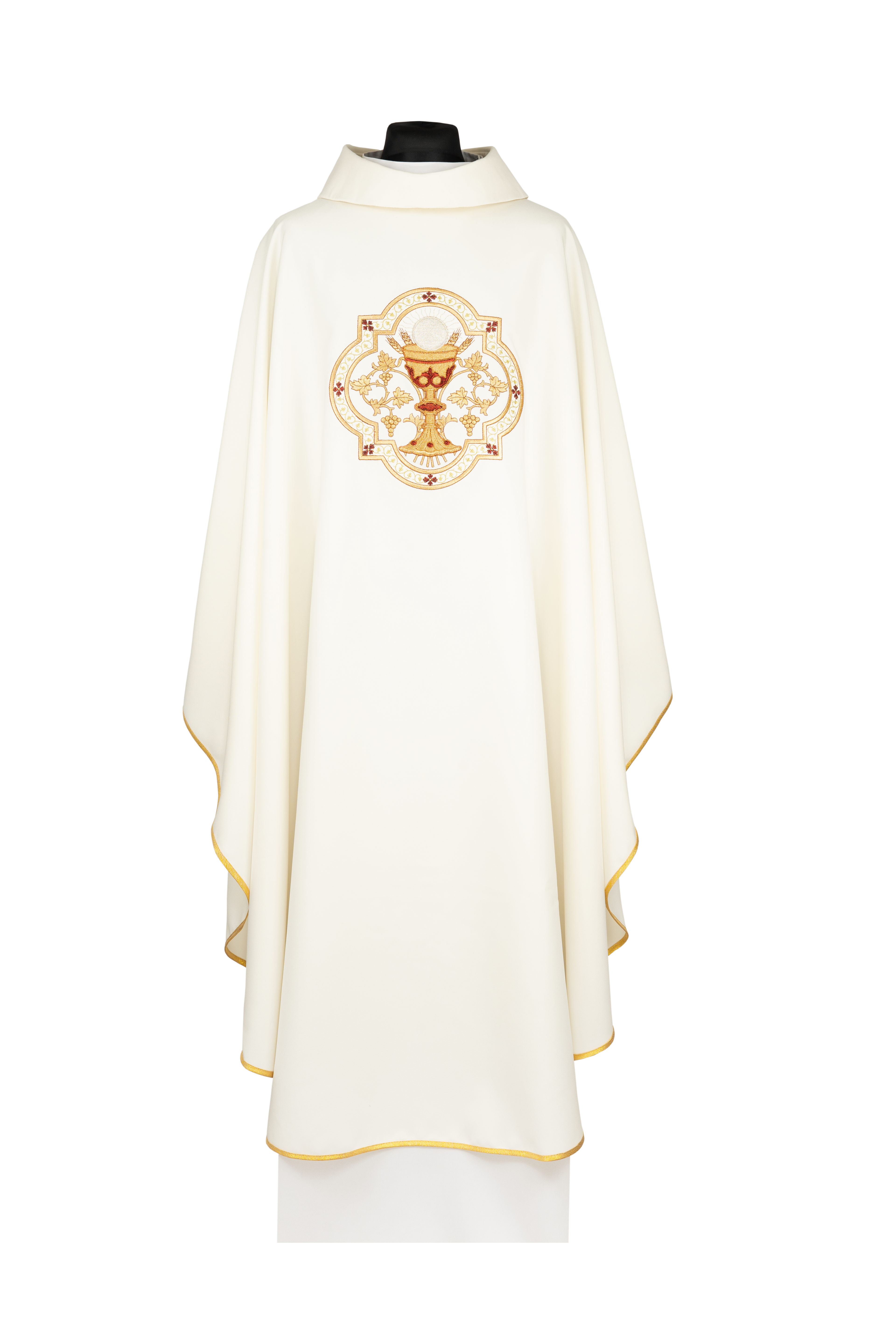Chasuble brodée avec motif du Calice eucharistique et du symbole IHS