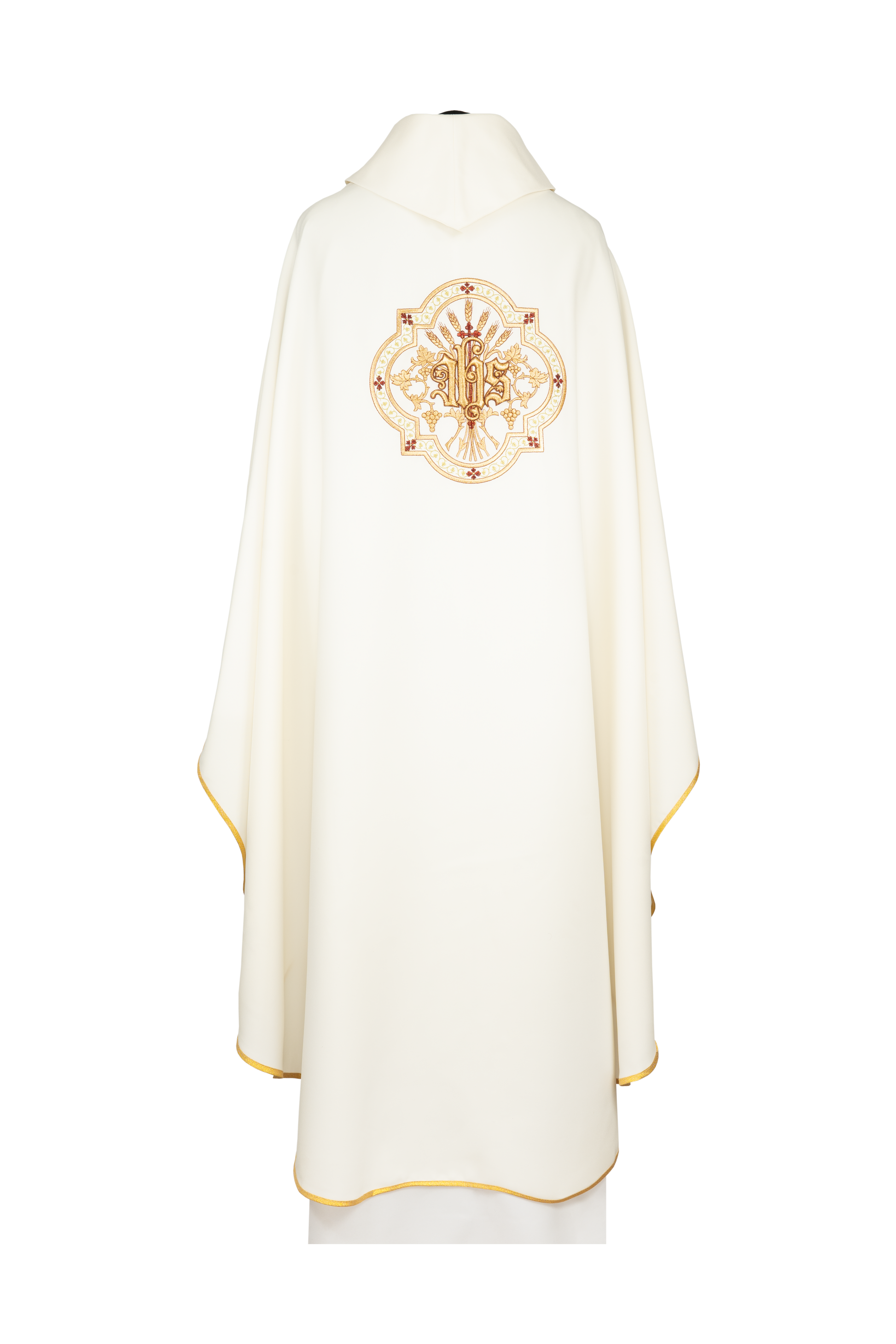 Chasuble brodée avec motif du Calice eucharistique et du symbole IHS