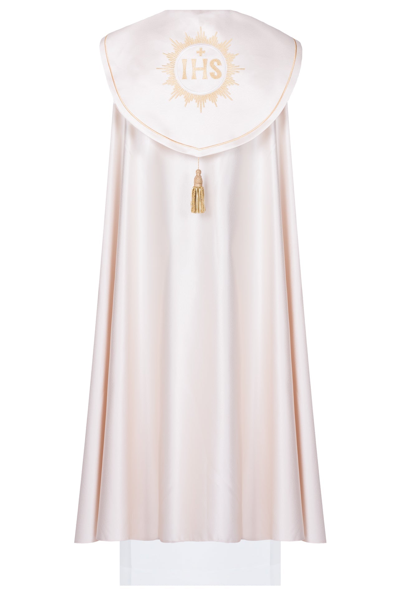 Chape eucharistique écrue ornée du monogramme IHS