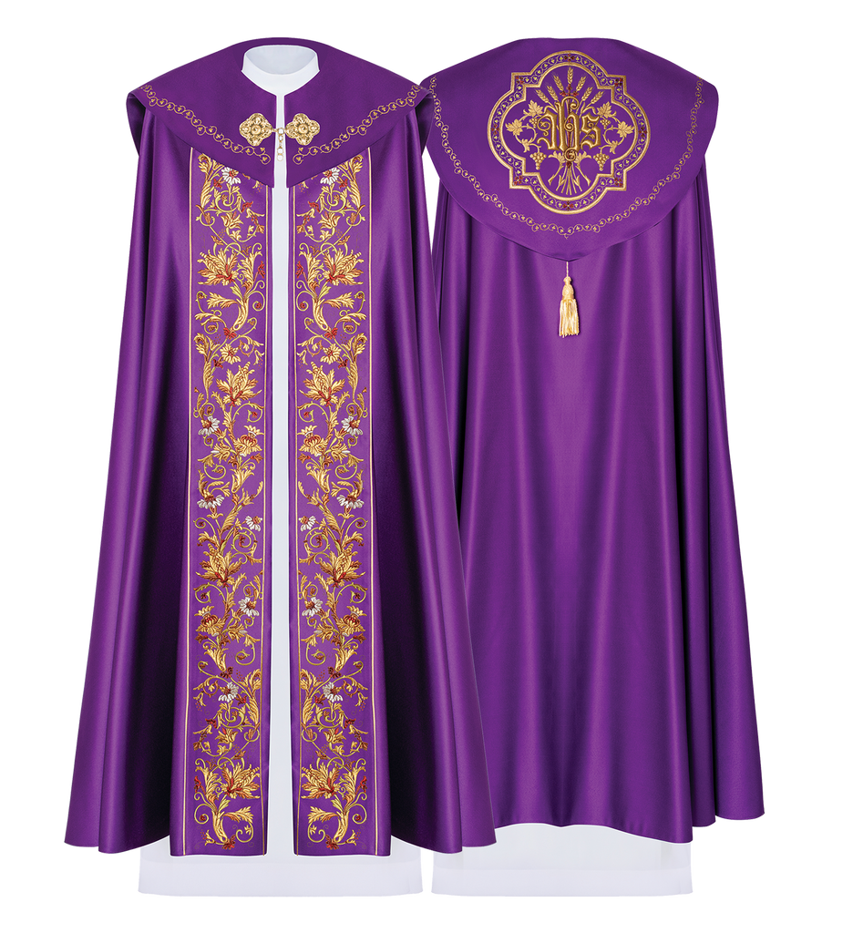 Kapa eucharystyczna z bogato zdobionym monogramem w kolorze fioletowym