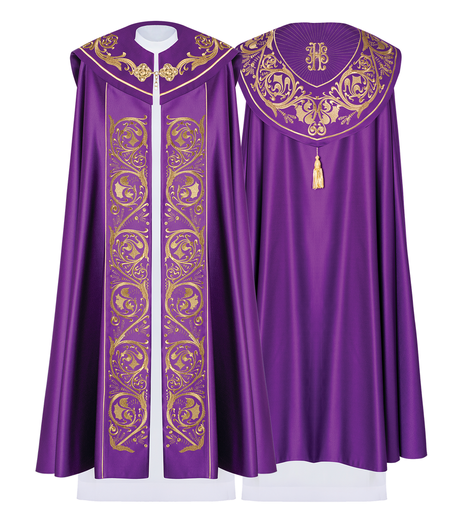 Fioletowa kapa liturgiczna z złotym monogramem IHS