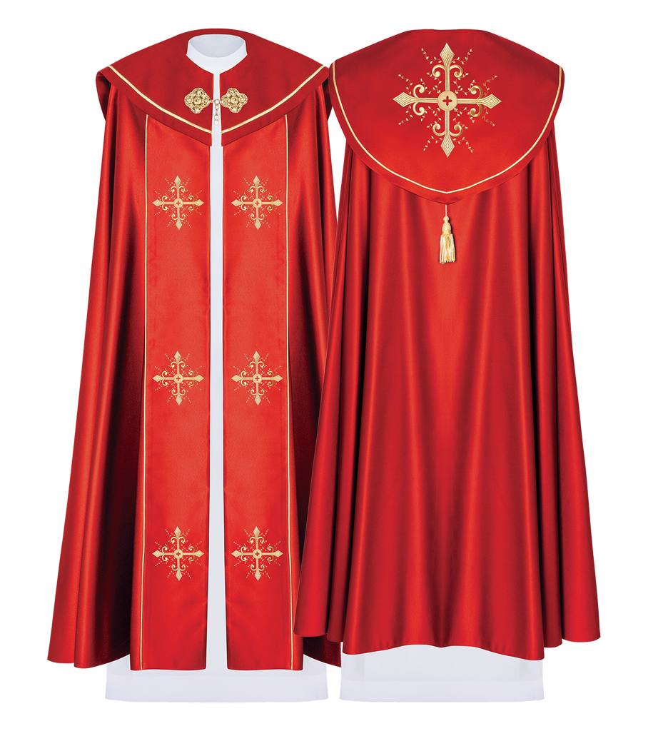 Czerwona kapa liturgiczna z haftem w złote krzyże