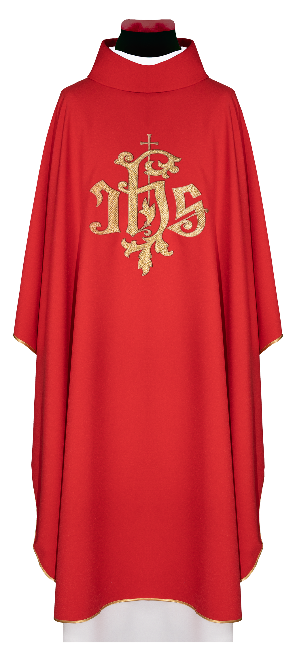 Chasuble rouge brodée avec motif IHS doré