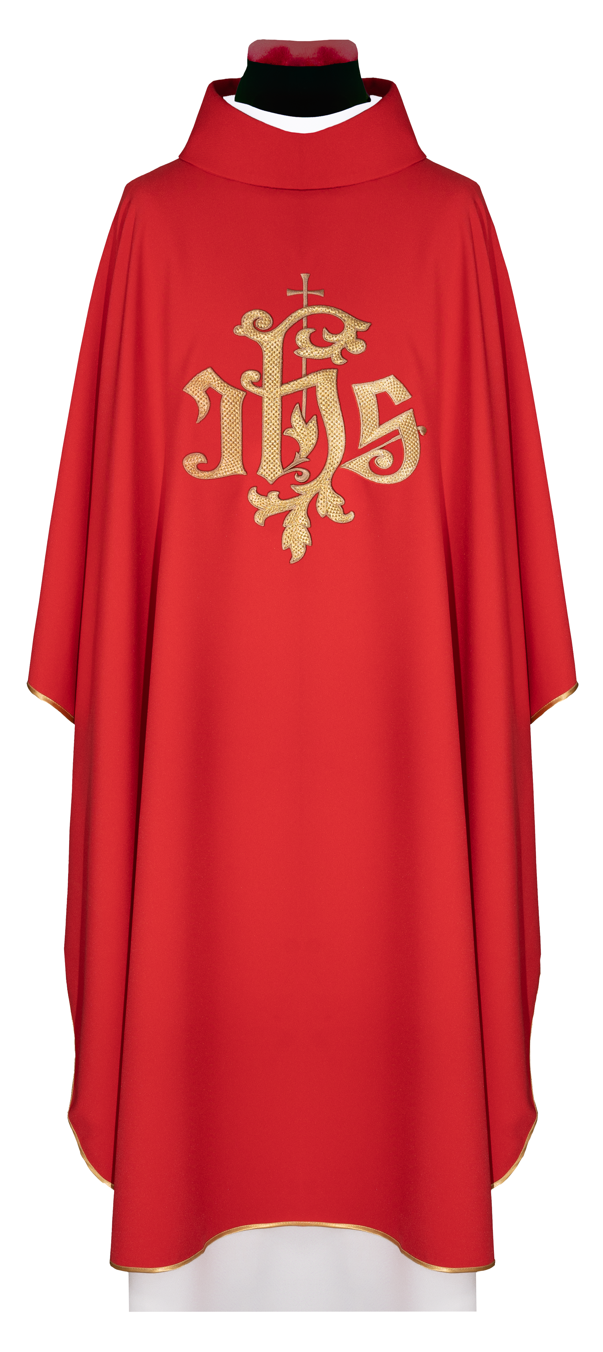 Chasuble rouge brodée avec motif IHS doré