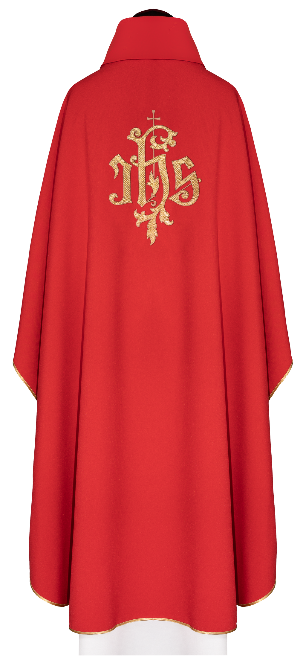 Chasuble rouge brodée avec motif IHS doré