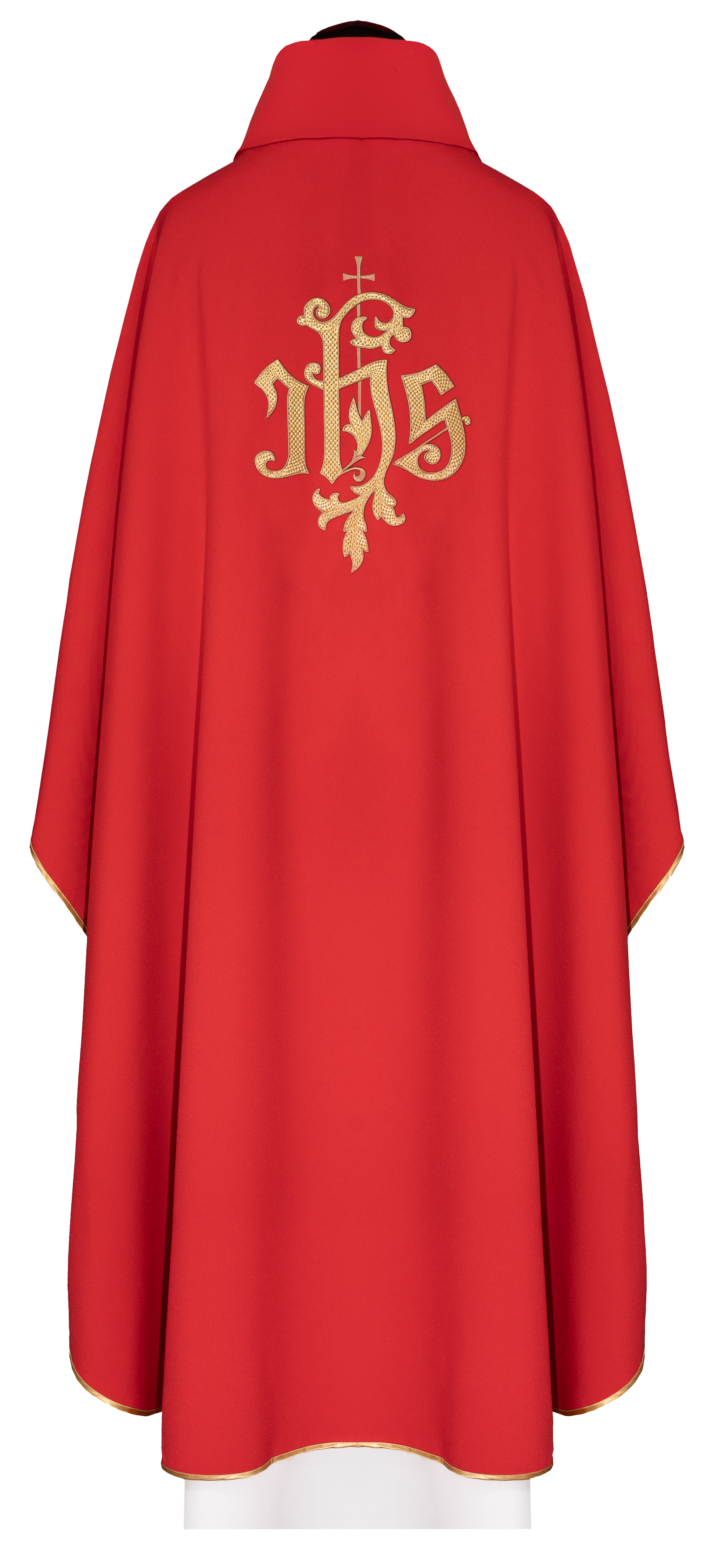 Chasuble rouge brodée avec motif IHS doré