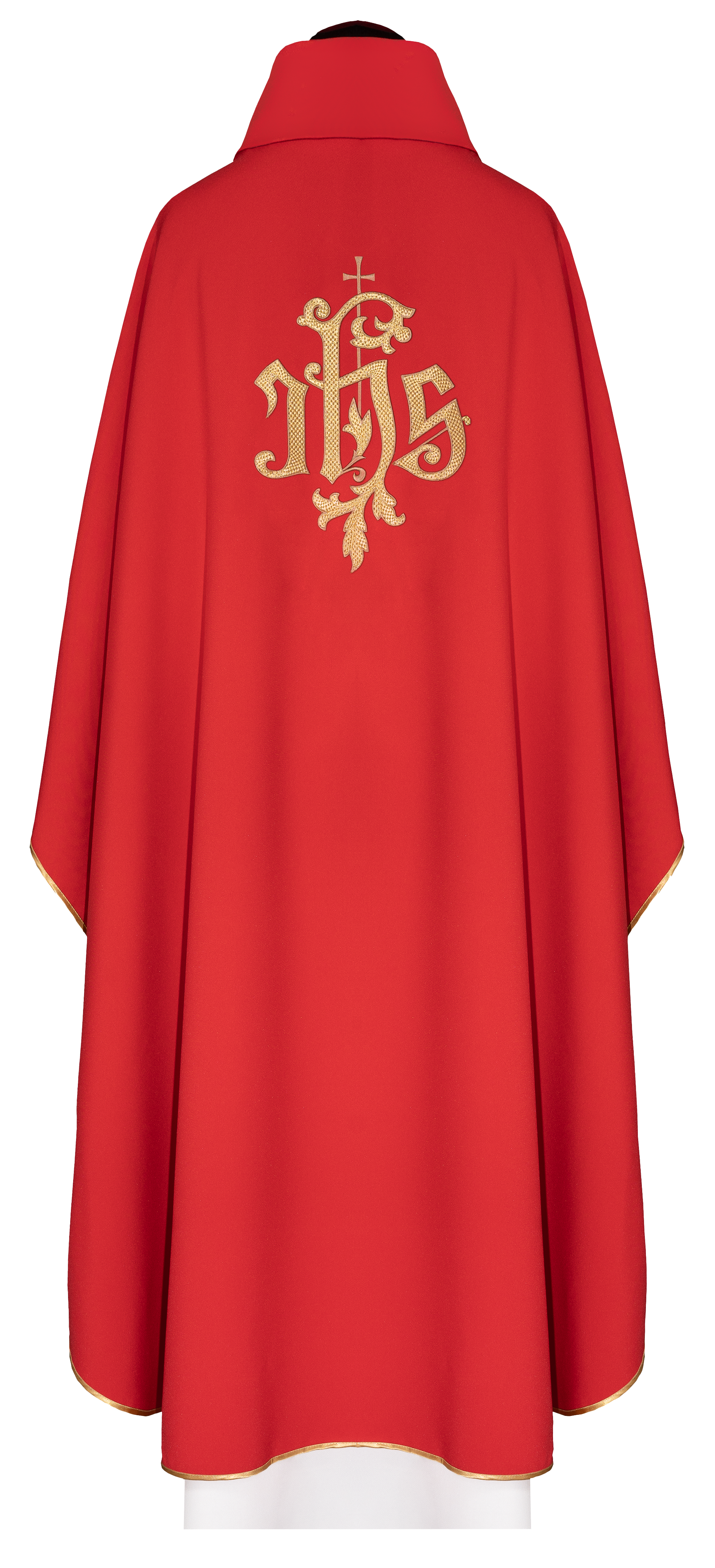 Chasuble rouge brodée avec motif IHS doré