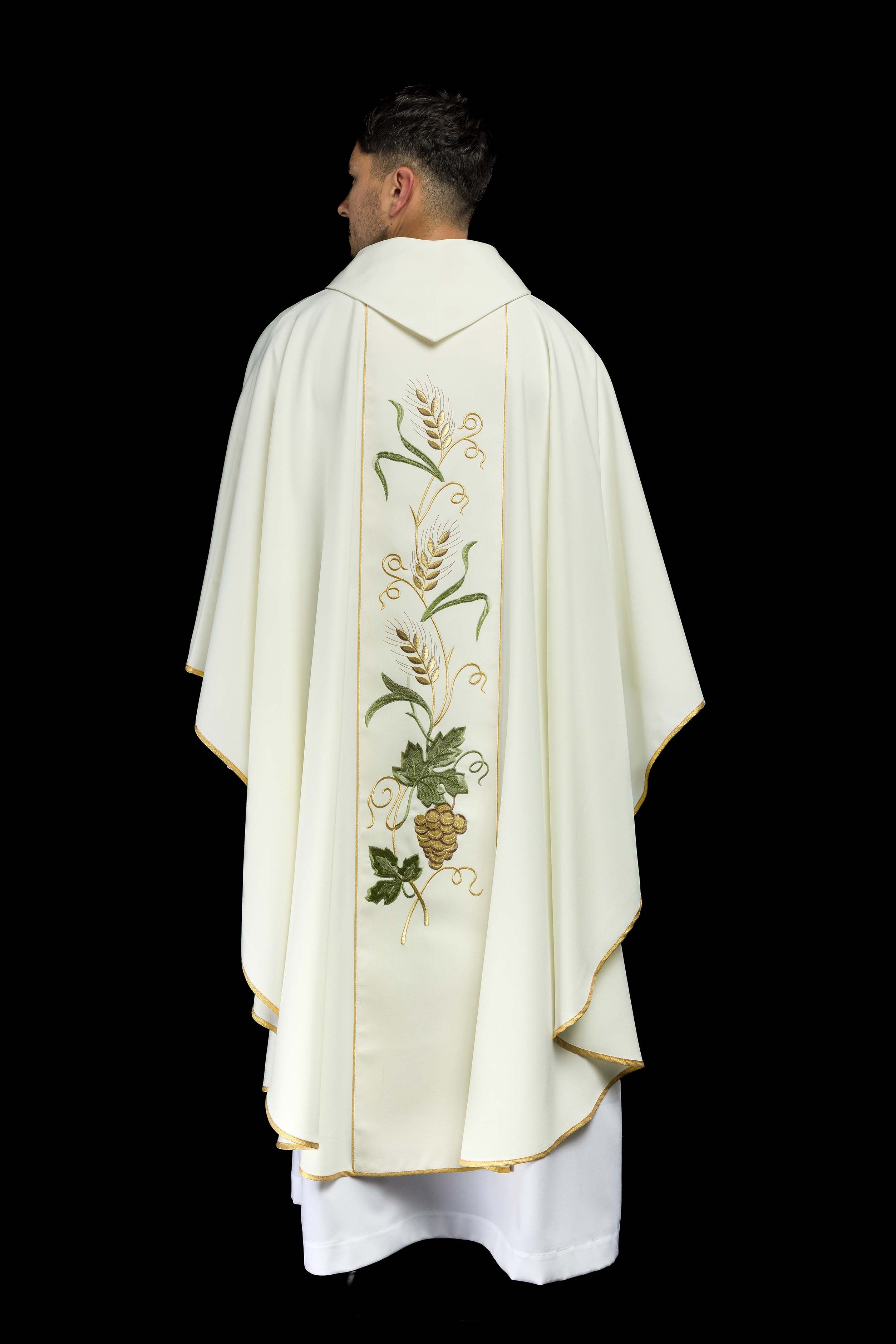 Chasuble de ceinture brodée du symbole IHS, des oreilles et des raisins écrus