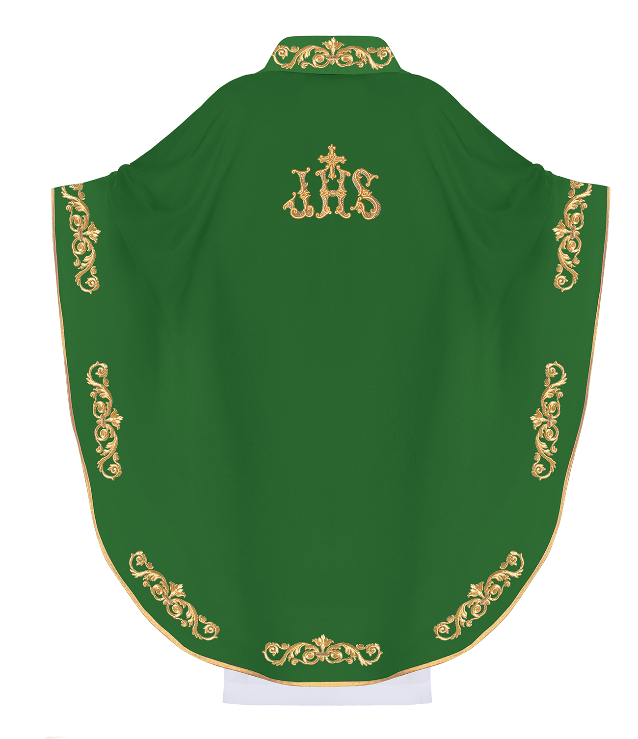 Chasuble verte avec broderie IHS dorée et garniture décorative