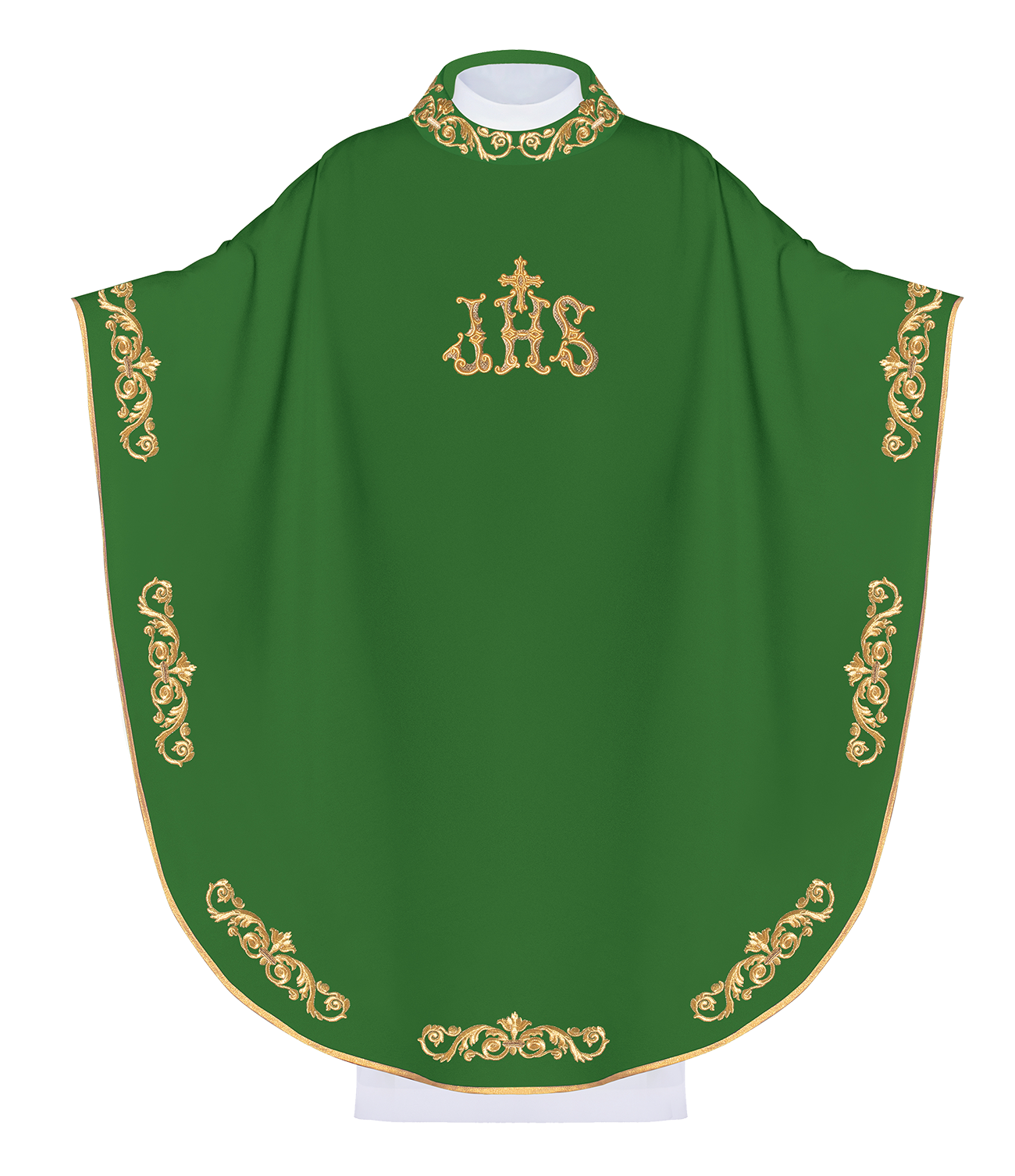 Chasuble verte avec broderie IHS dorée et garniture décorative