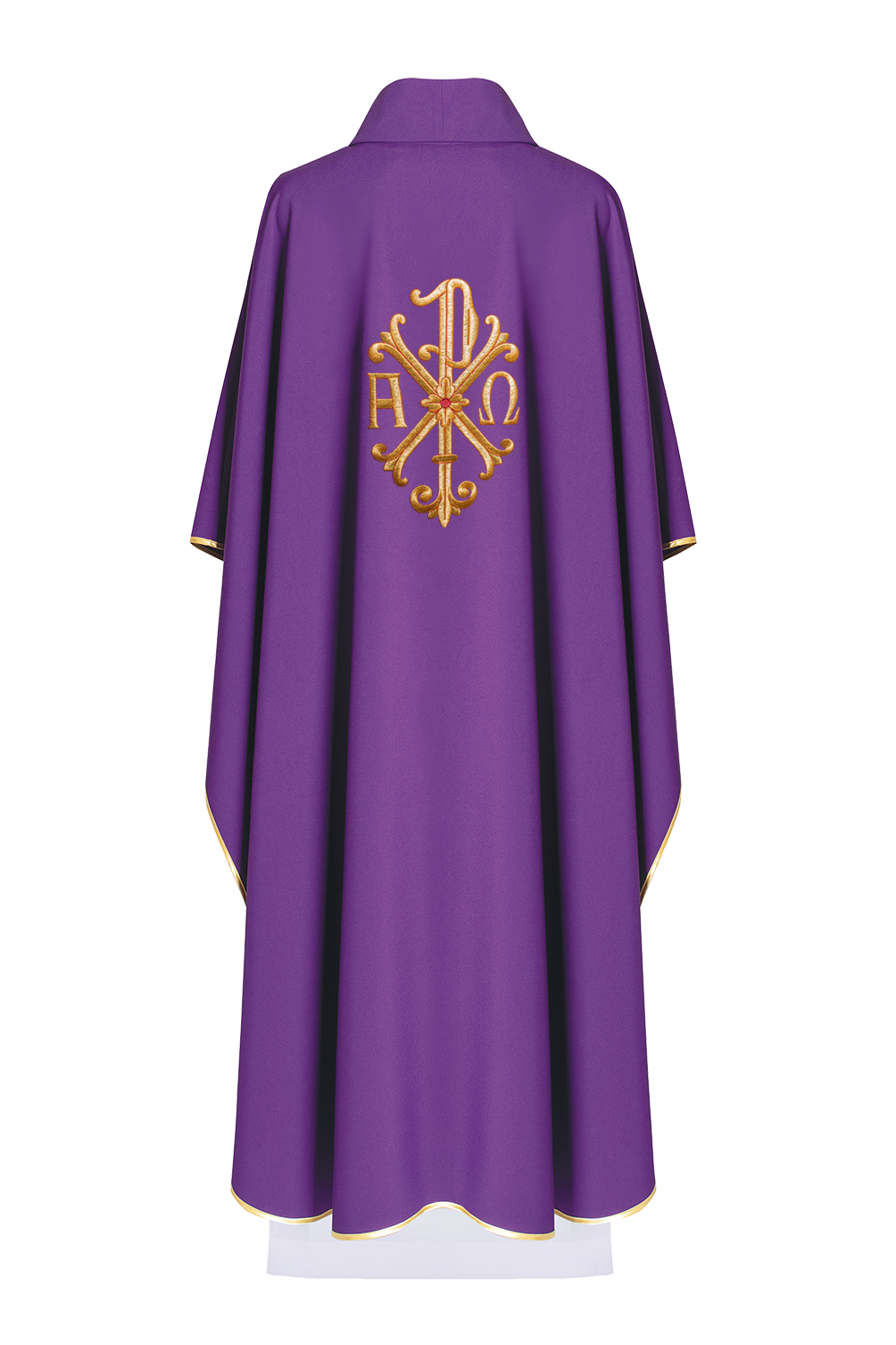 Chasuble violet à savoir l'Alpha l'Oméga et le symbole PAX