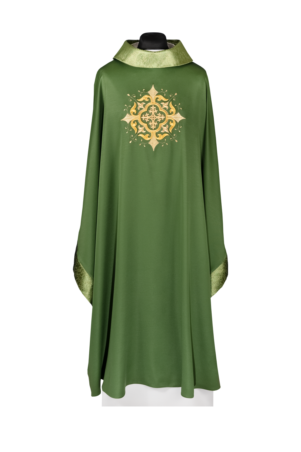 Liturgical chasuble with embroidered cross motif and rich green trim