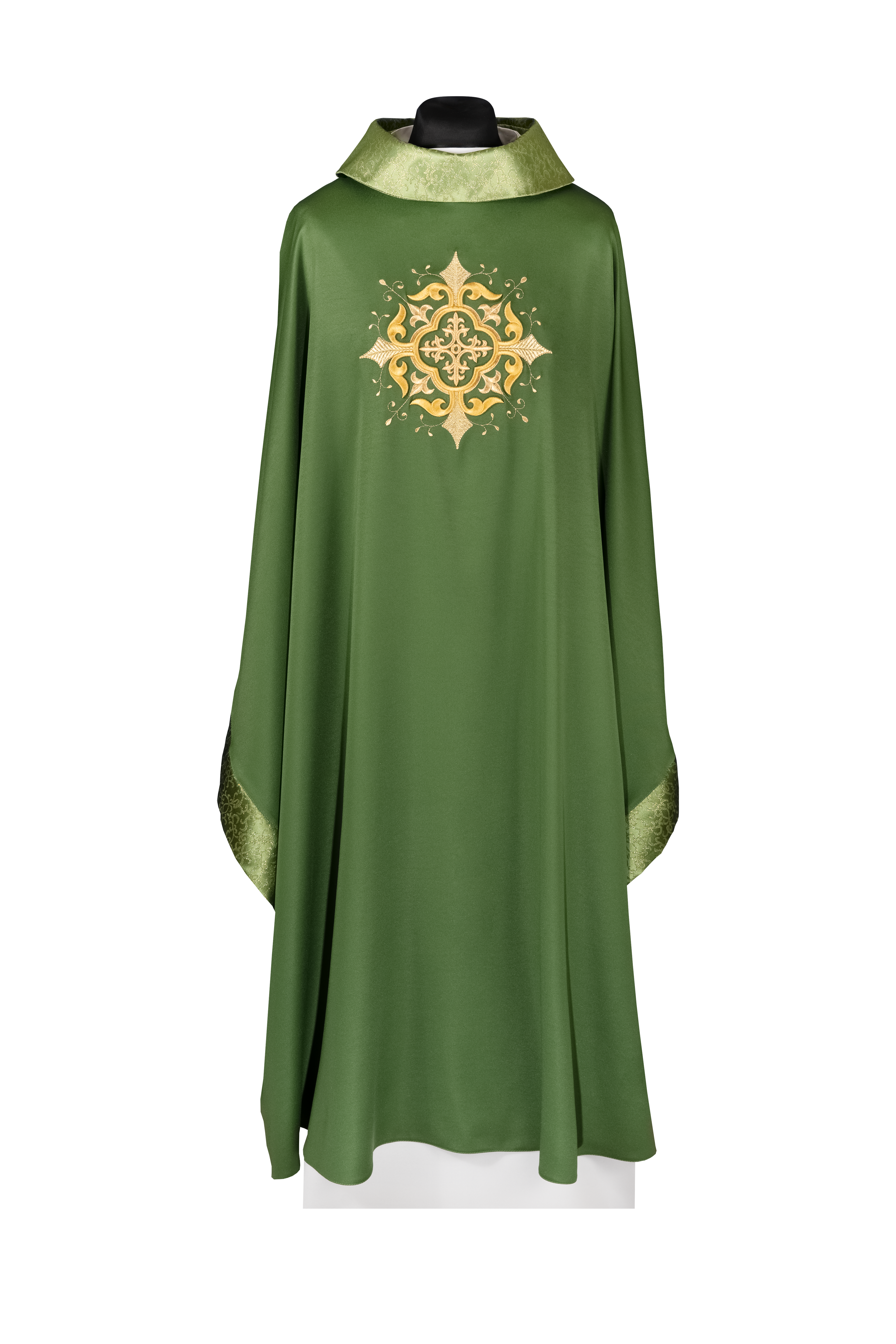 Liturgical chasuble with embroidered cross motif and rich green trim