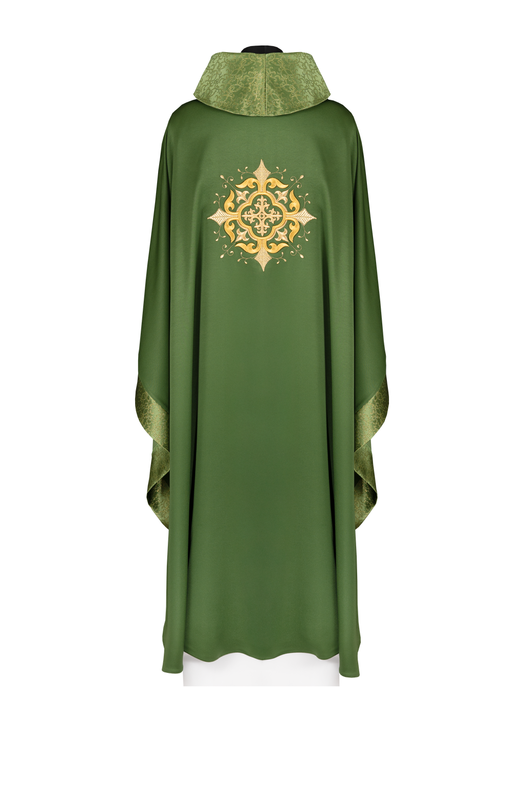 Liturgical chasuble with embroidered cross motif and rich green trim