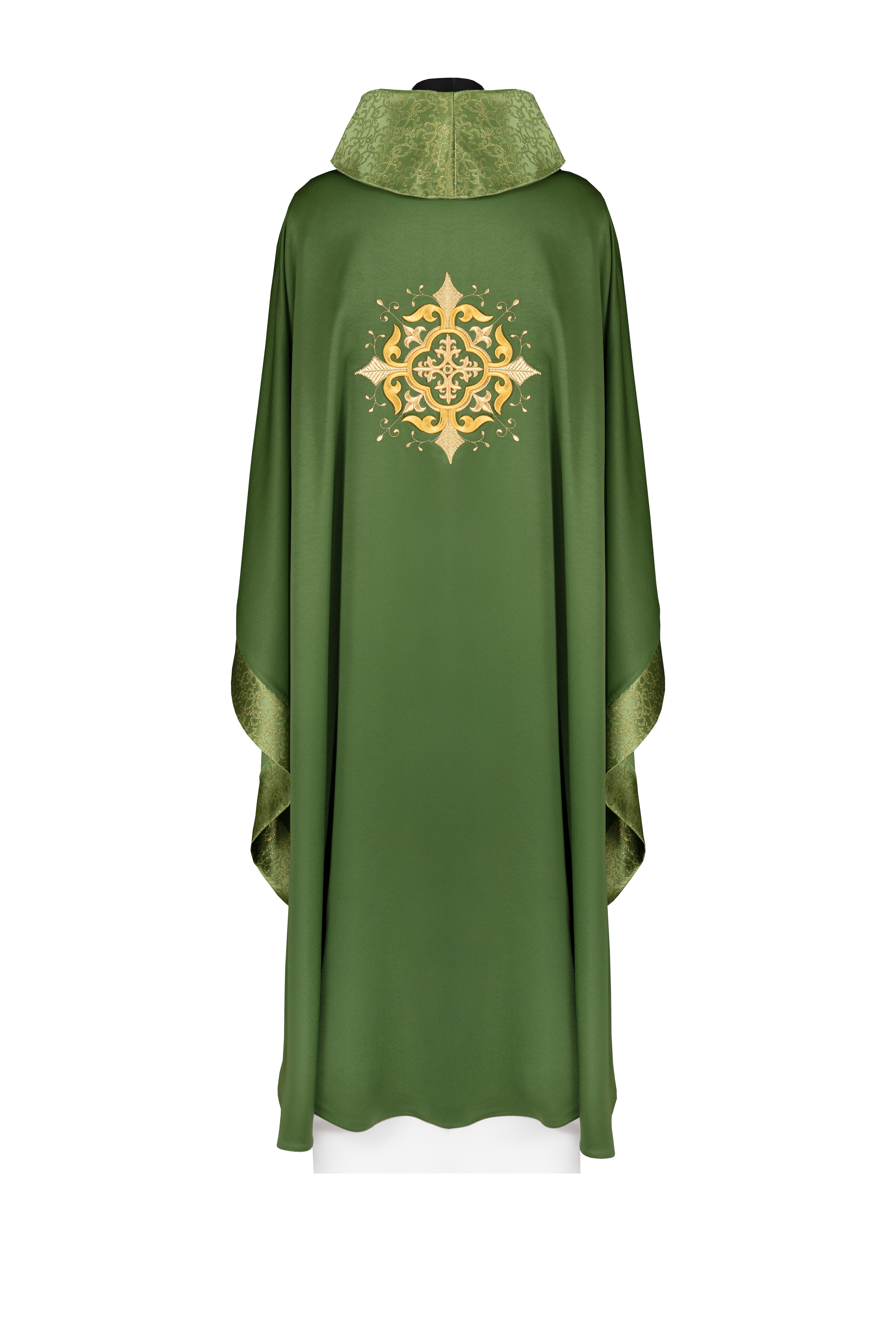 Liturgical chasuble with embroidered cross motif and rich green trim
