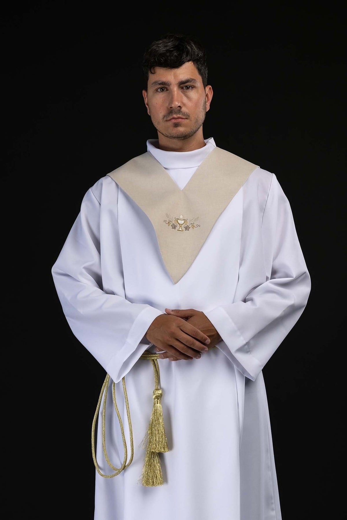 Pallium de lecteur écru avec broderie de calice eucharistique