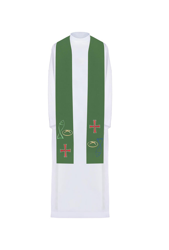 Étole de prêtre brodée en vert avec motif poisson pain croix