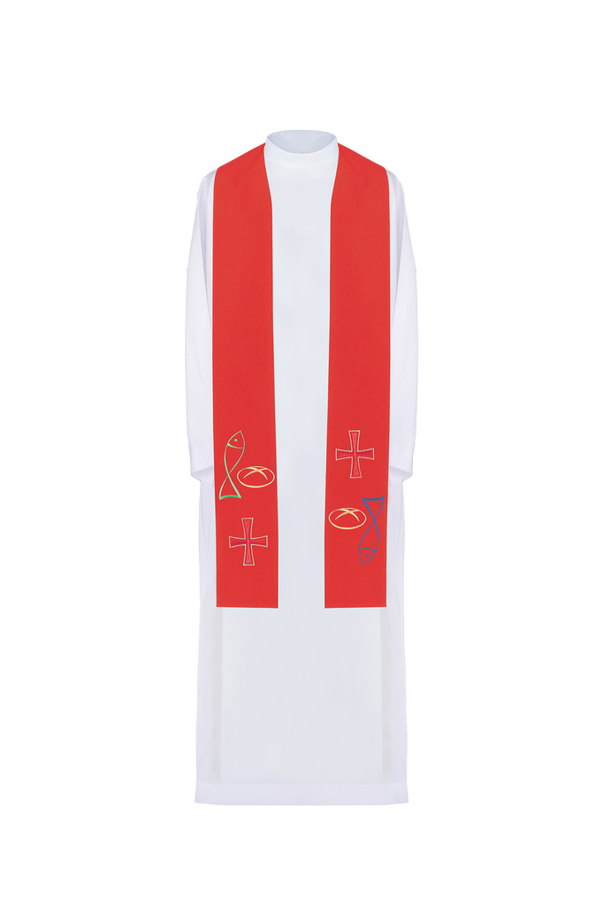 Étole de prêtre brodée en rouge avec motif Fish Bread Cross