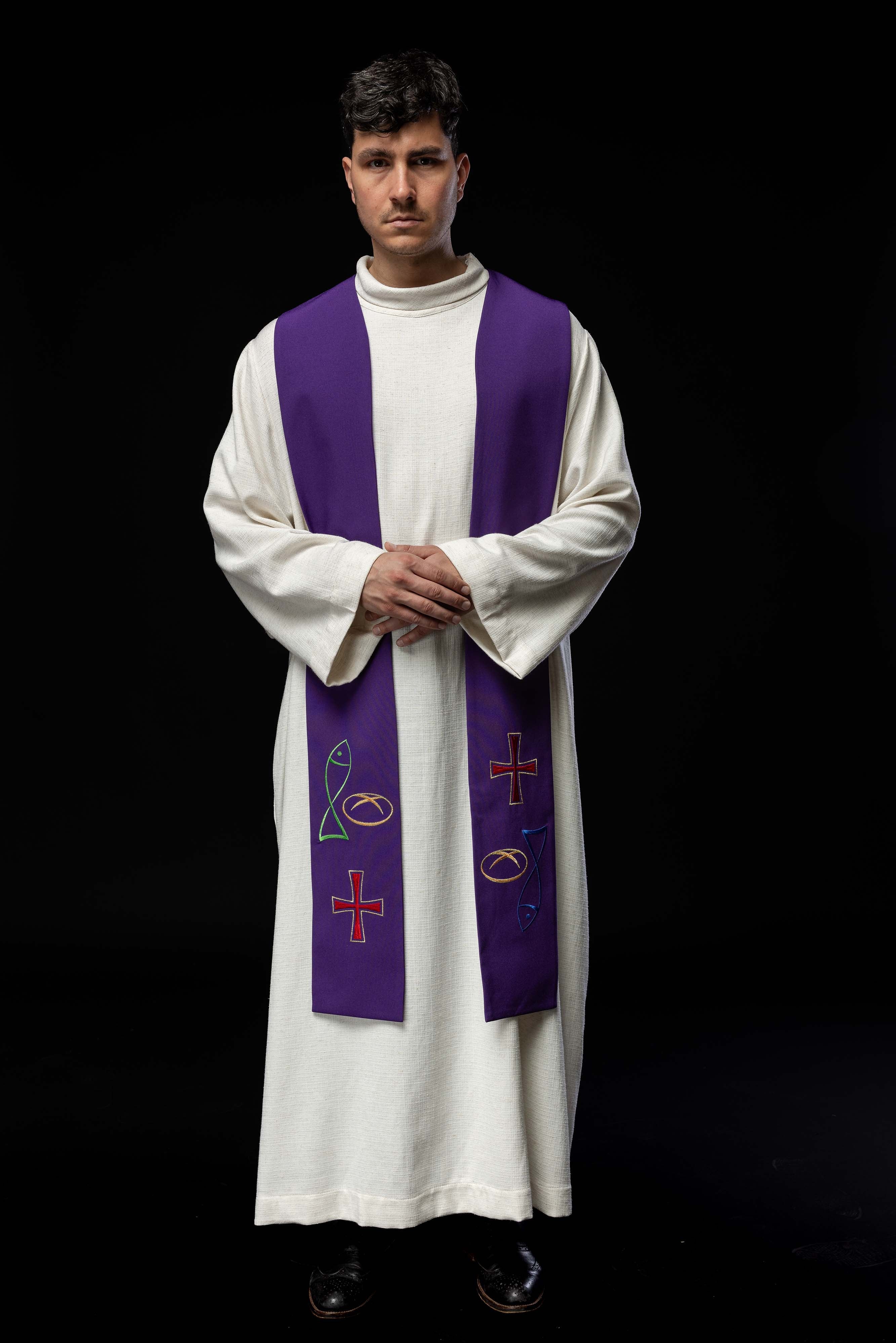 Étole de prêtre brodée en violet Croix de pain de poisson