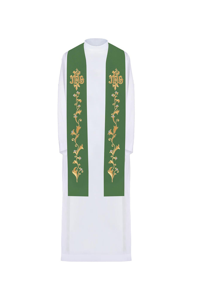 Étole de prêtre brodée en vert IHS sur la croix