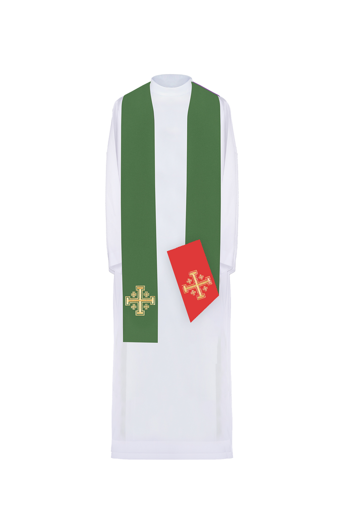 Étole de prêtre brodée des deux côtés, croix de Jérusalem verte et rouge
