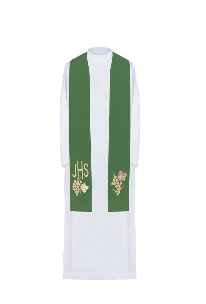Étole de prêtre IHS brodée en vert avec des raisins
