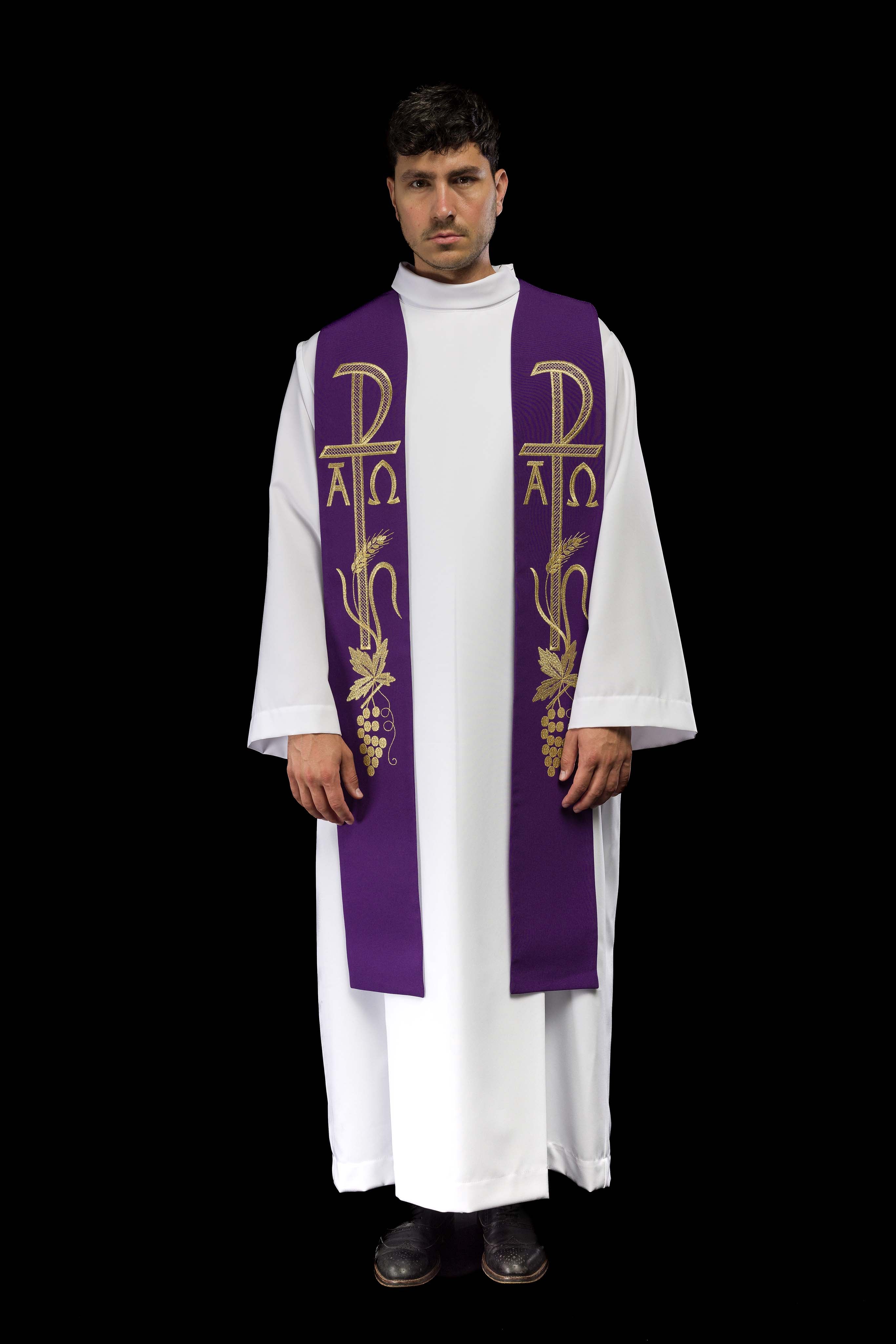 Étole de prêtre pourpre brodée Alpha et Omega