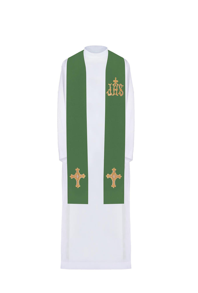Étole de prêtre verte brodée d'une croix et d'un IHS vert