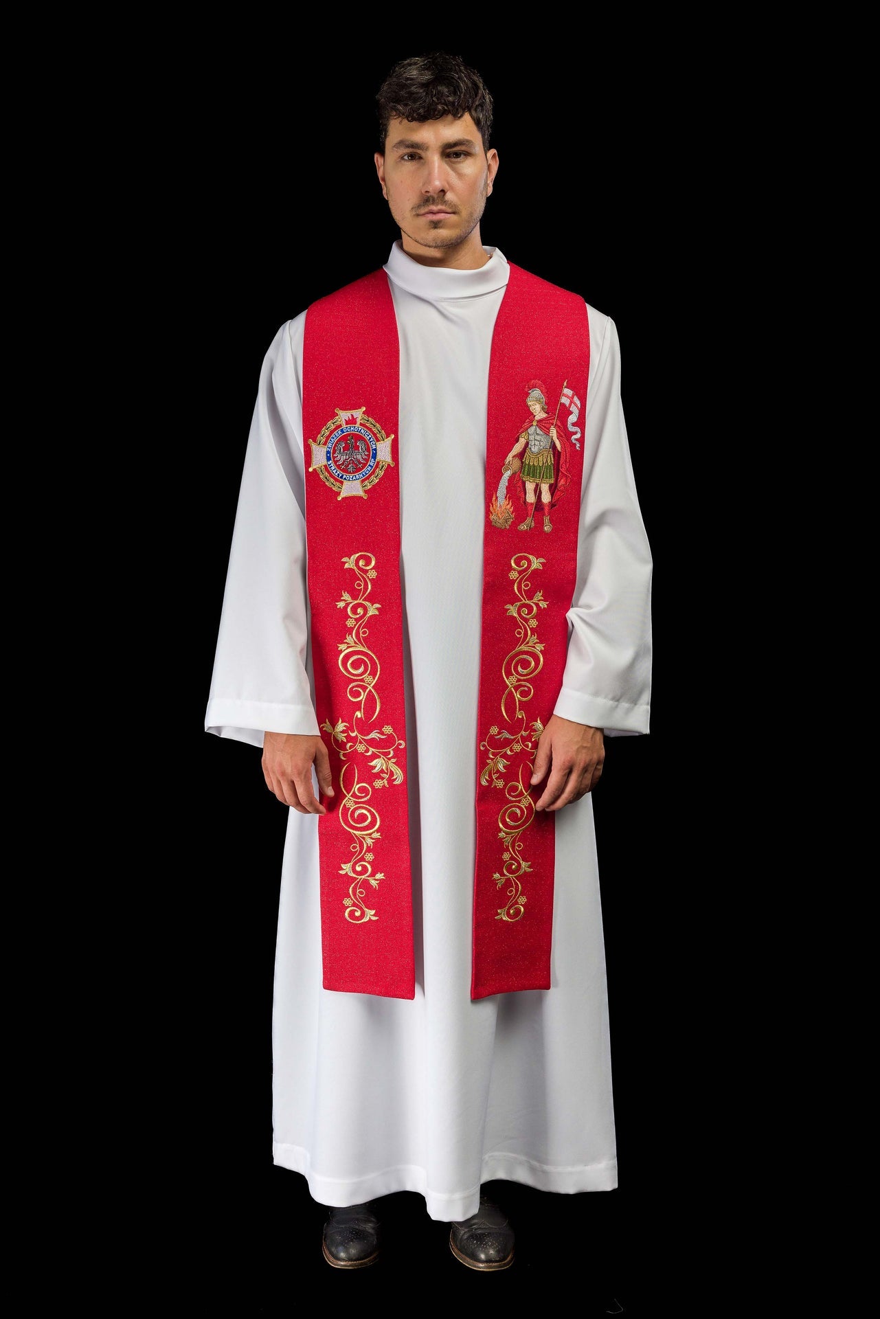 Étole richement brodée avec l'image de Saint Florian