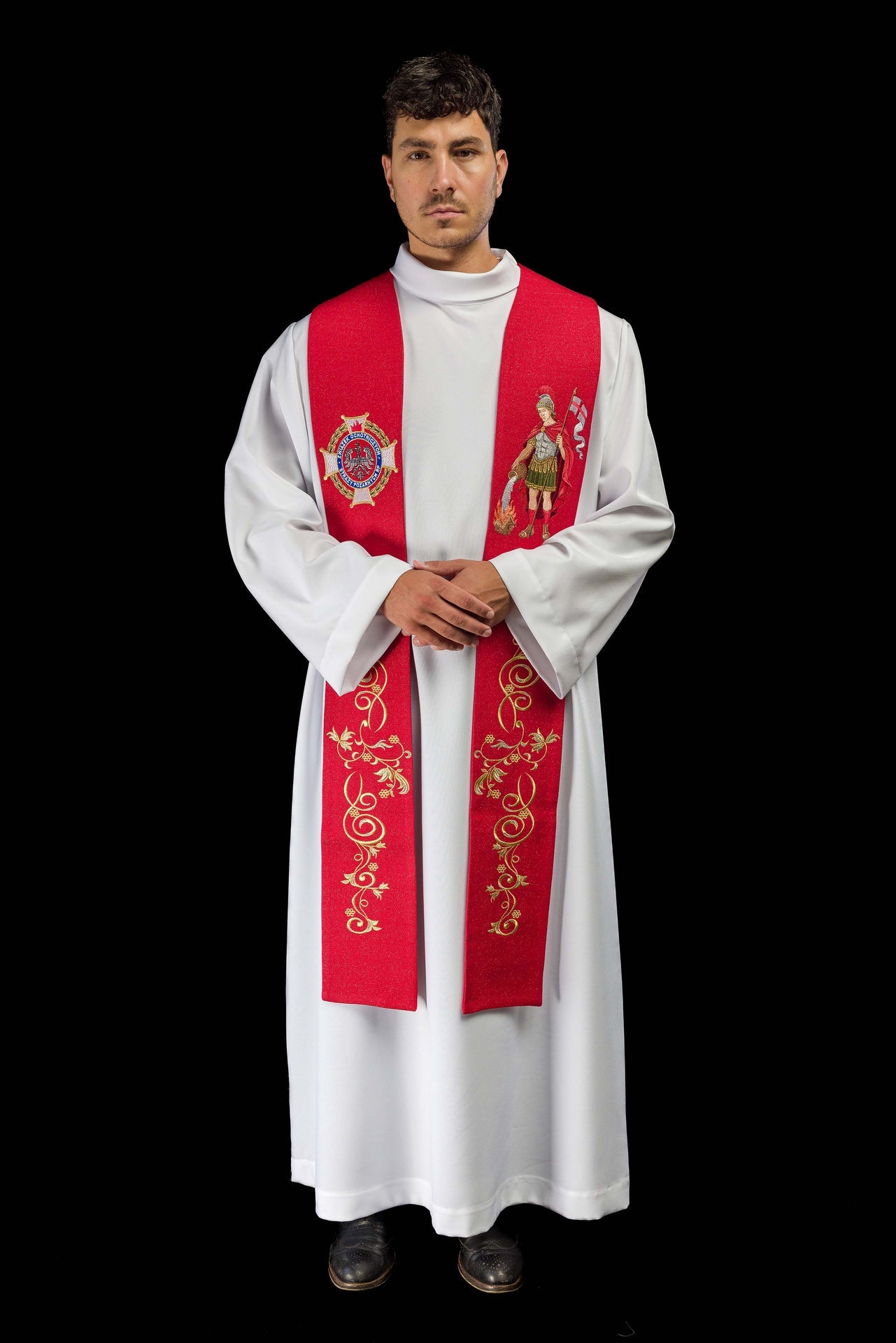 Étole richement brodée avec l'image de Saint Florian