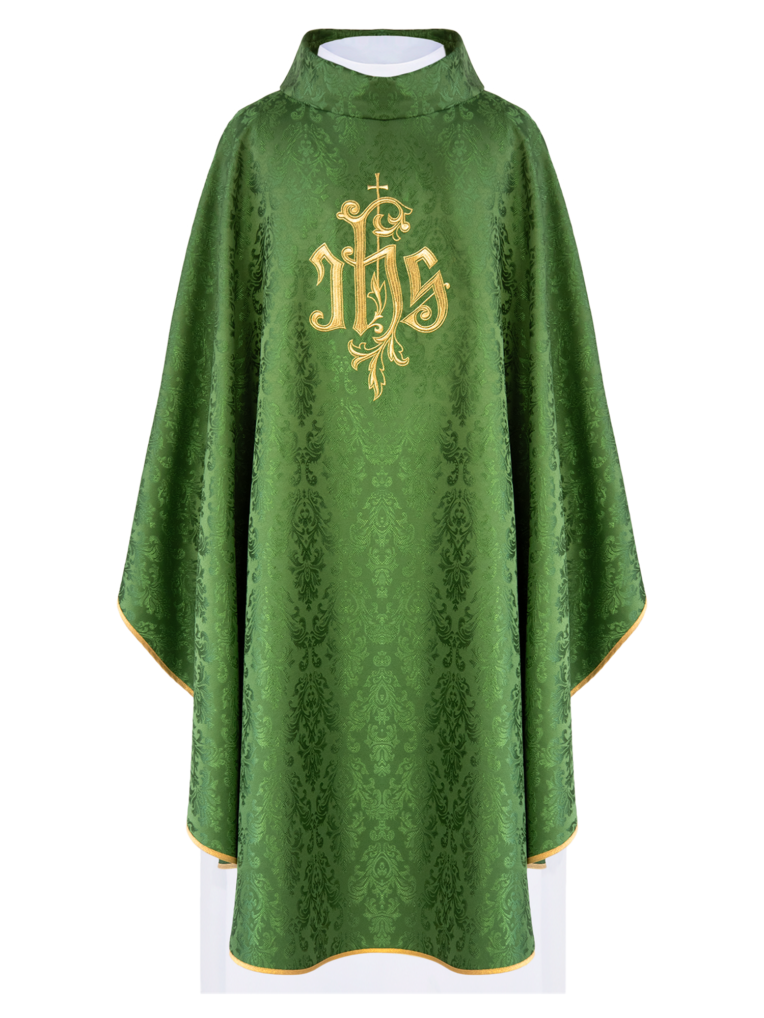 Chasuble verte avec motif IHS brodé sur tissu décoratif