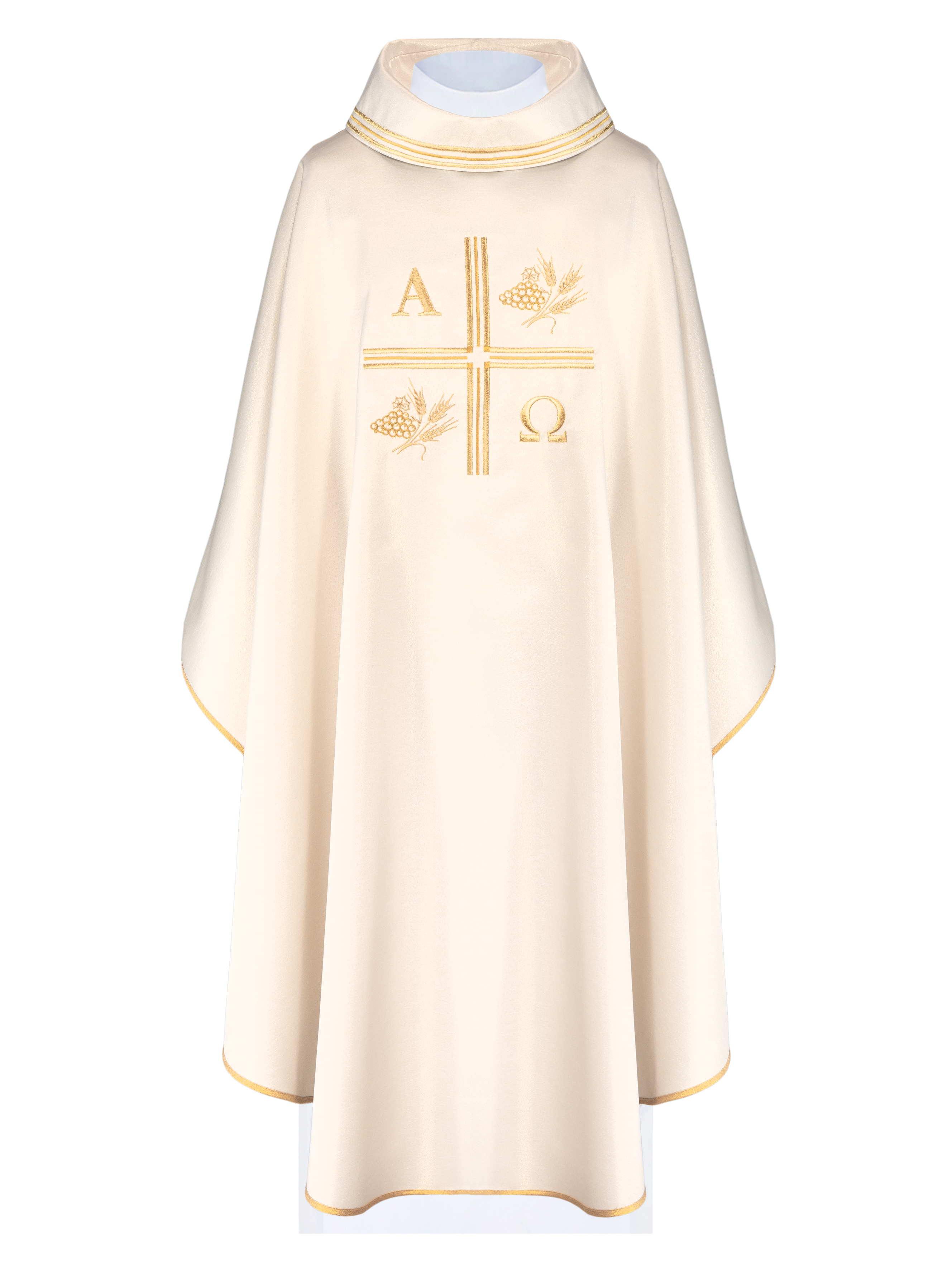 Chasuble avec croix brodée et motifs d'Alpha et d'Oméga et oreilles de couleur écrue