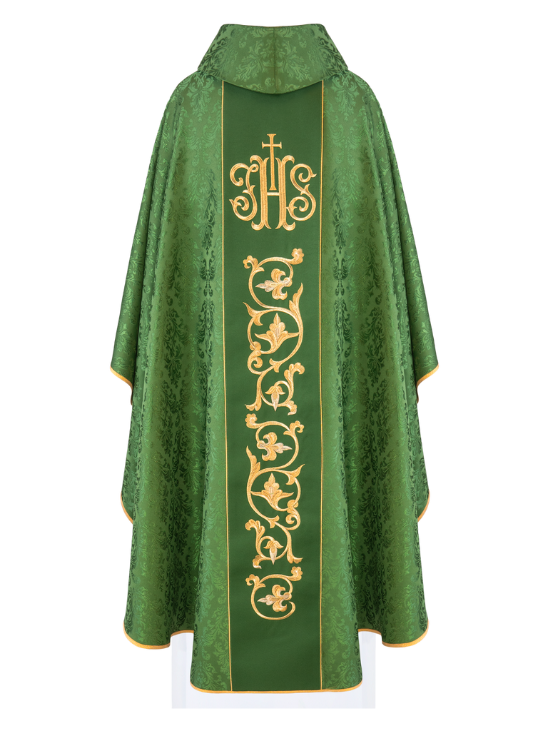 Zielony Ornat liturgiczny z bogato zdobionym pasem IHS