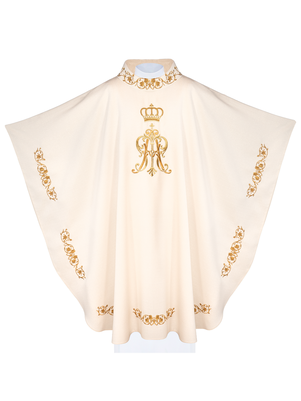 Chasuble liturgique avec armoiries mariales et couronne brodées