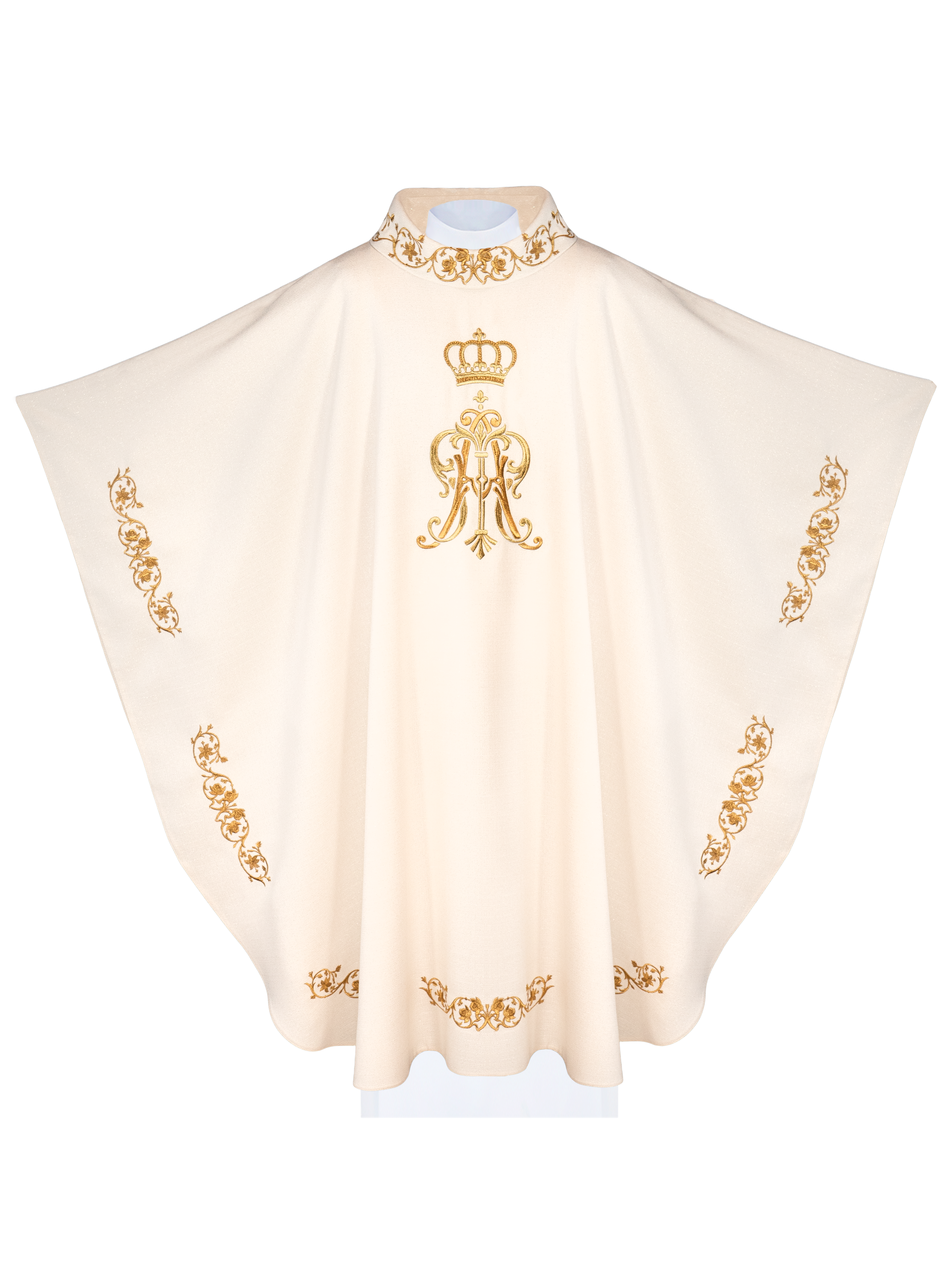 Chasuble liturgique avec armoiries mariales et couronne brodées