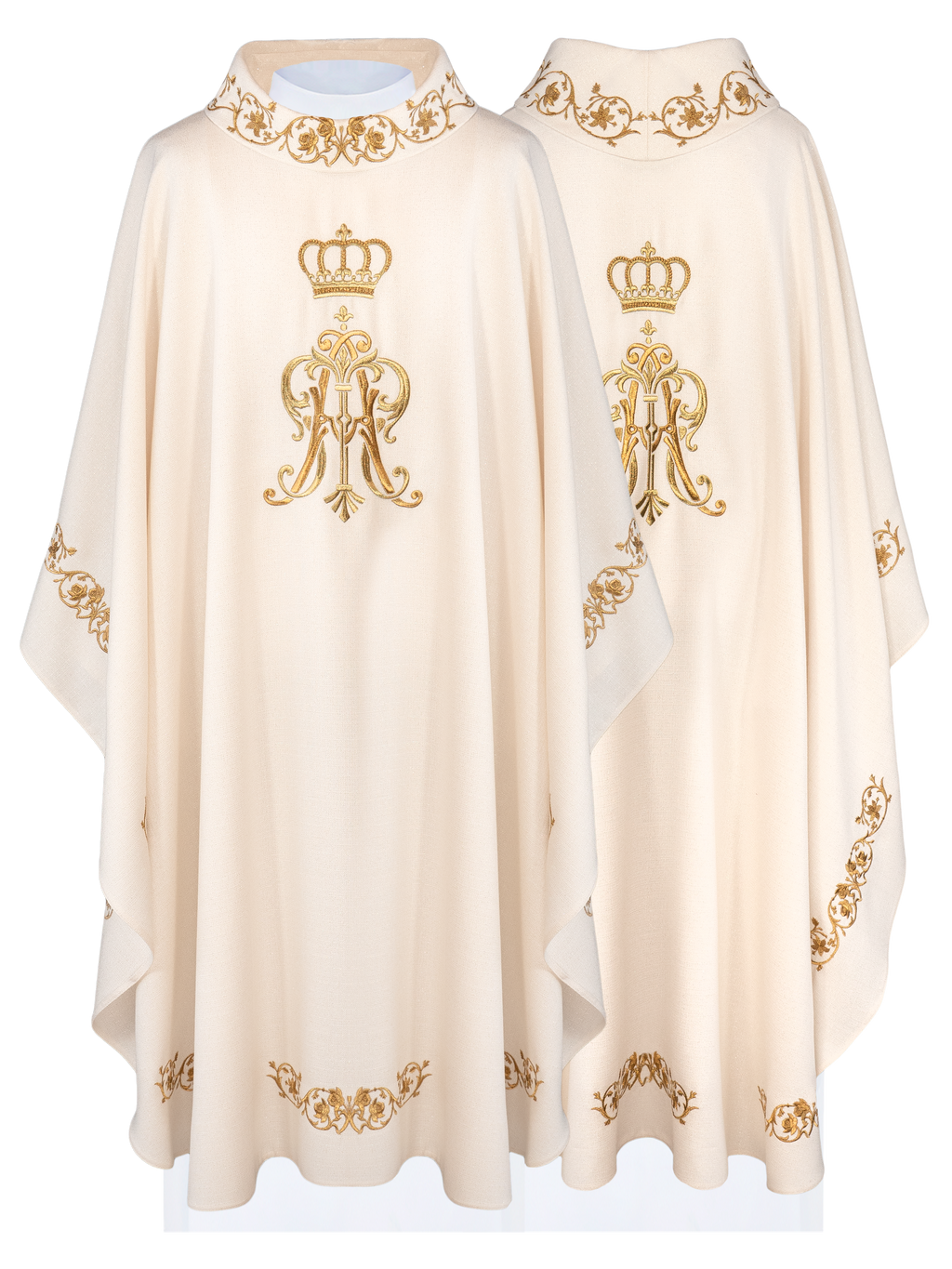 Chasuble liturgique avec armoiries mariales et couronne brodées