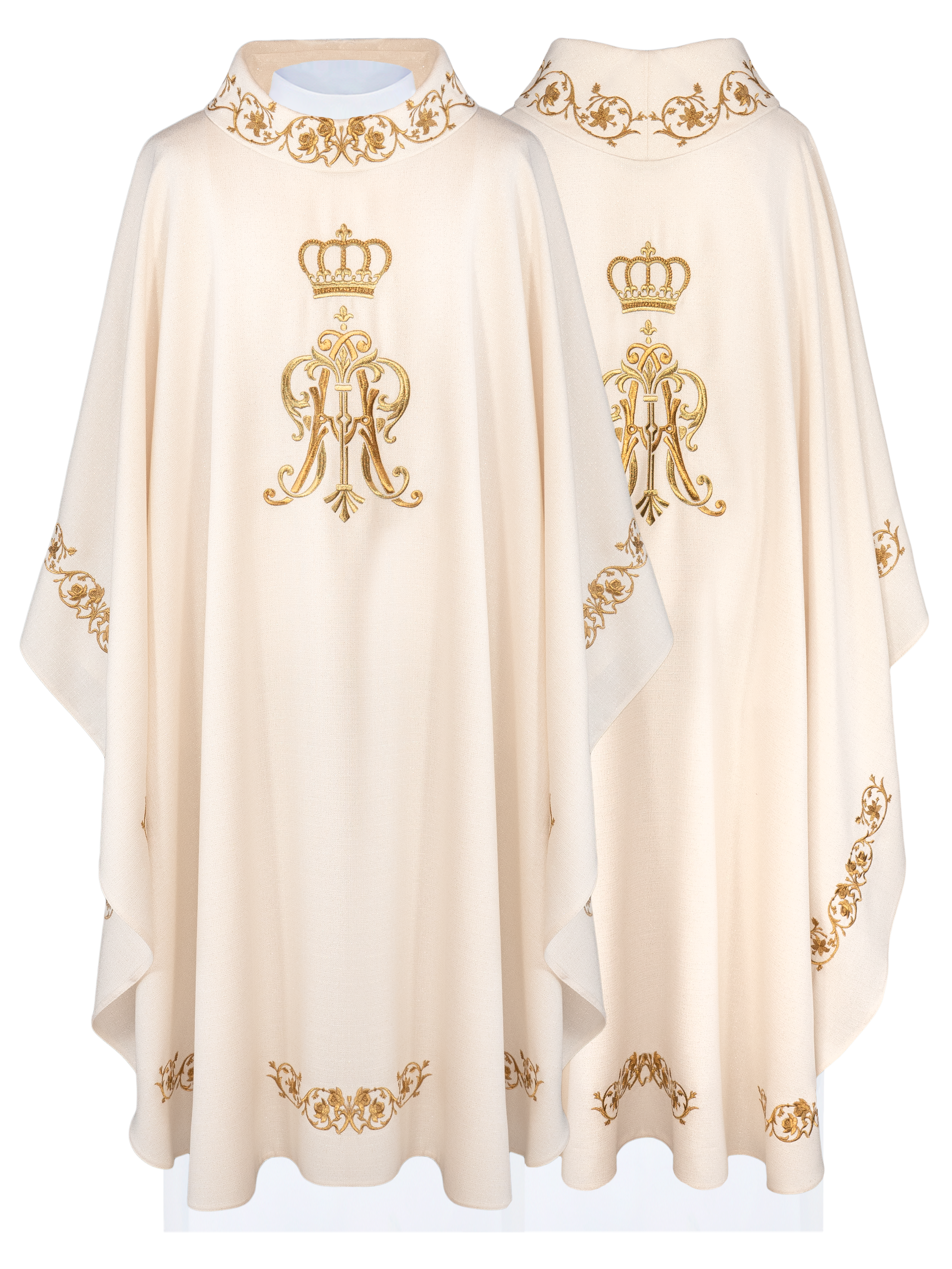 Chasuble liturgique avec armoiries mariales et couronne brodées