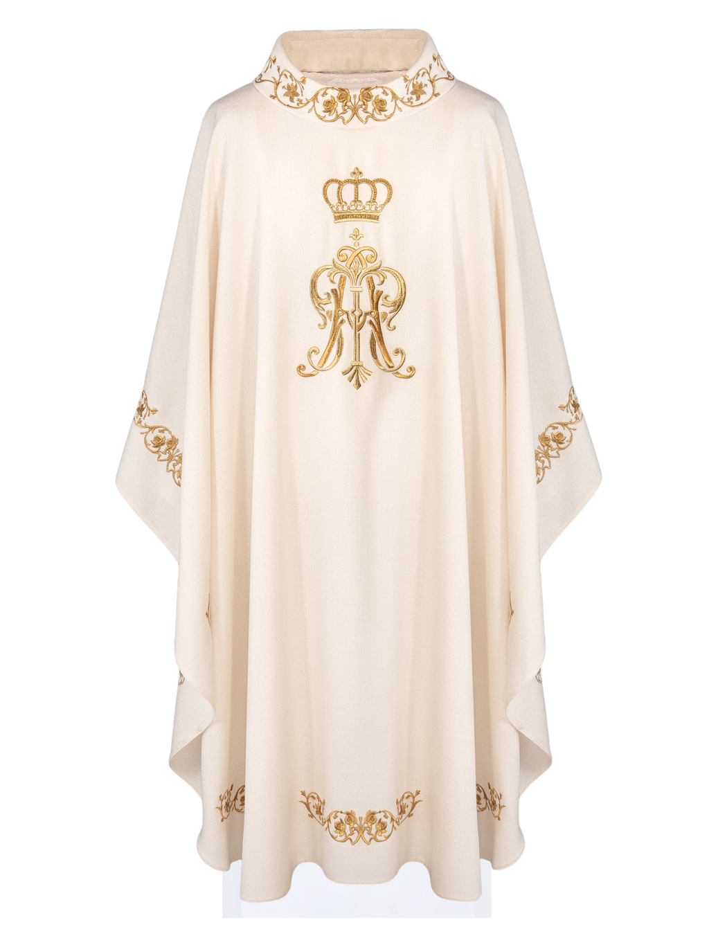 Chasuble liturgique avec armoiries mariales et couronne brodées