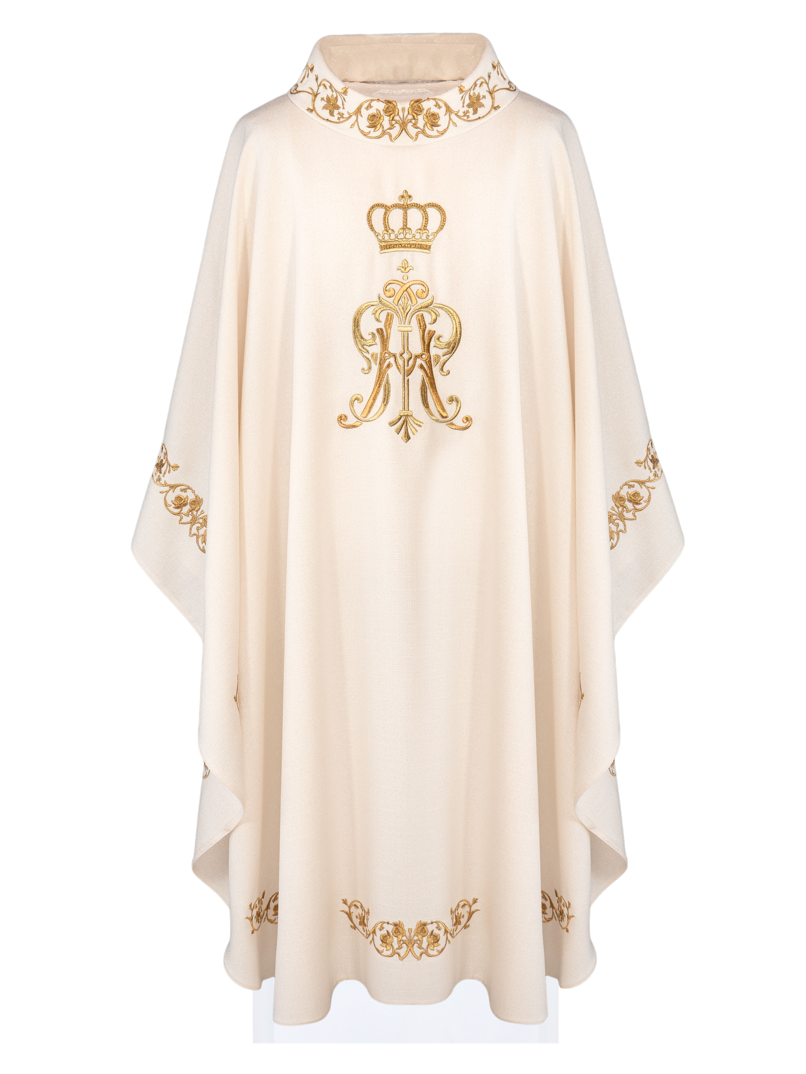 Chasuble liturgique avec armoiries mariales et couronne brodées