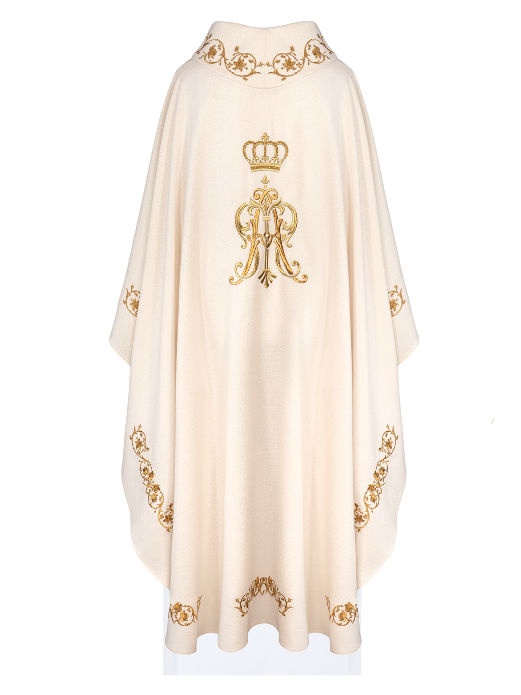 Chasuble liturgique avec armoiries mariales et couronne brodées