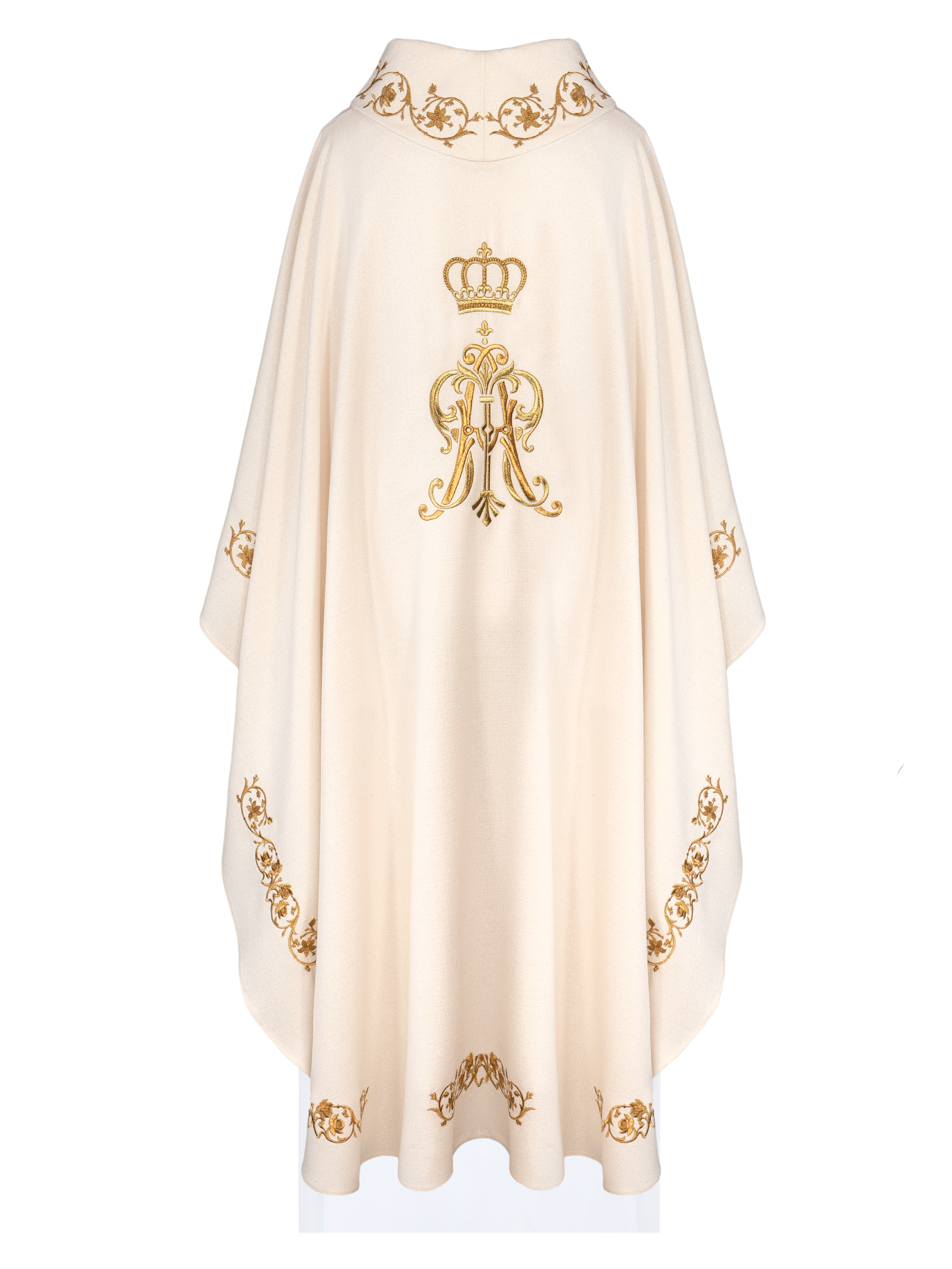 Chasuble liturgique avec armoiries mariales et couronne brodées