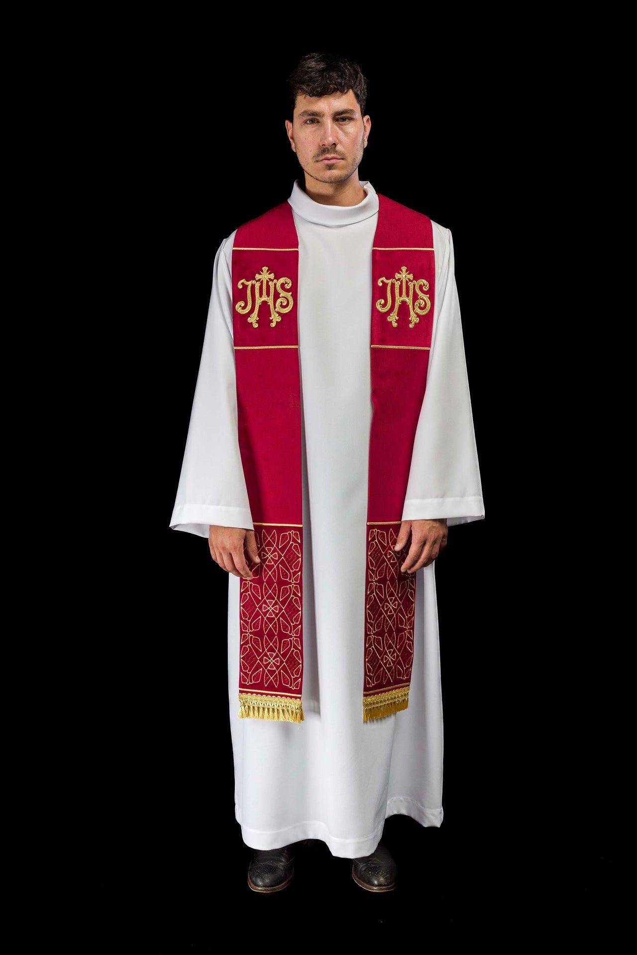 Étole en velours brodée avec le motif IHS de couleur rouge