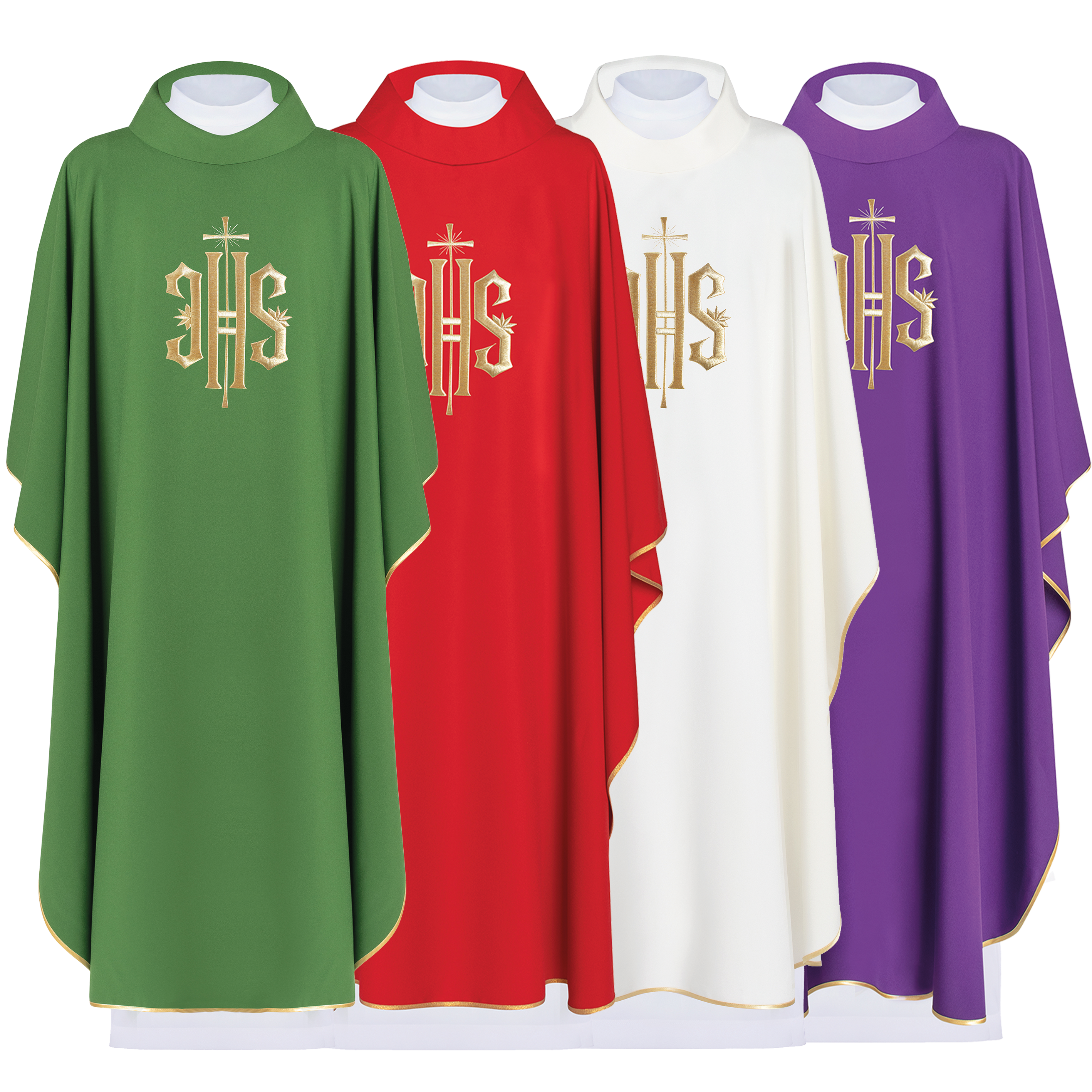 Ensemble de chasubles en quatre couleurs avec motif IHS doré