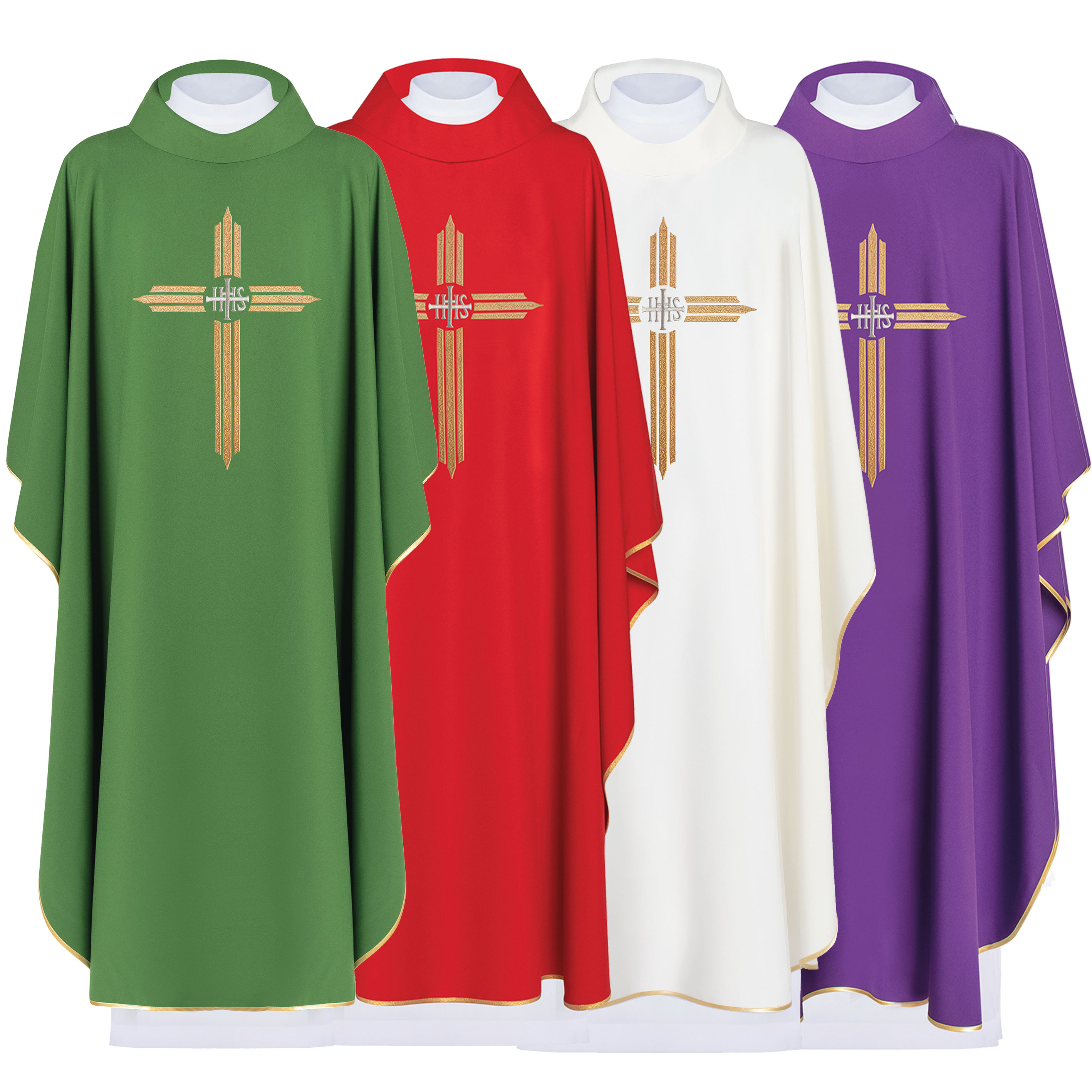 Ensemble de chasubles en quatre couleurs avec broderie de la Croix et de l'IHS