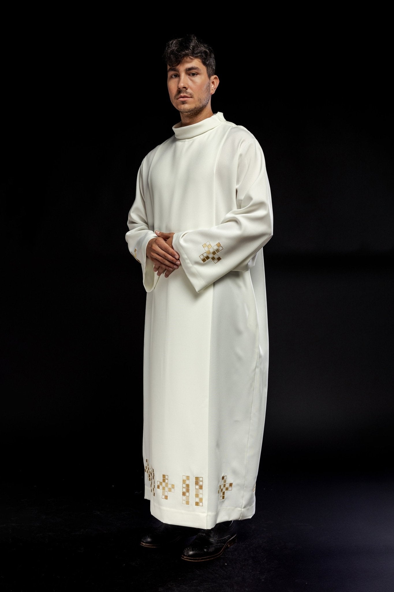Aube avec mosaïque brodée Croix écru S - 6051 - 05 145cm/176cm - CHASUBLES.FR