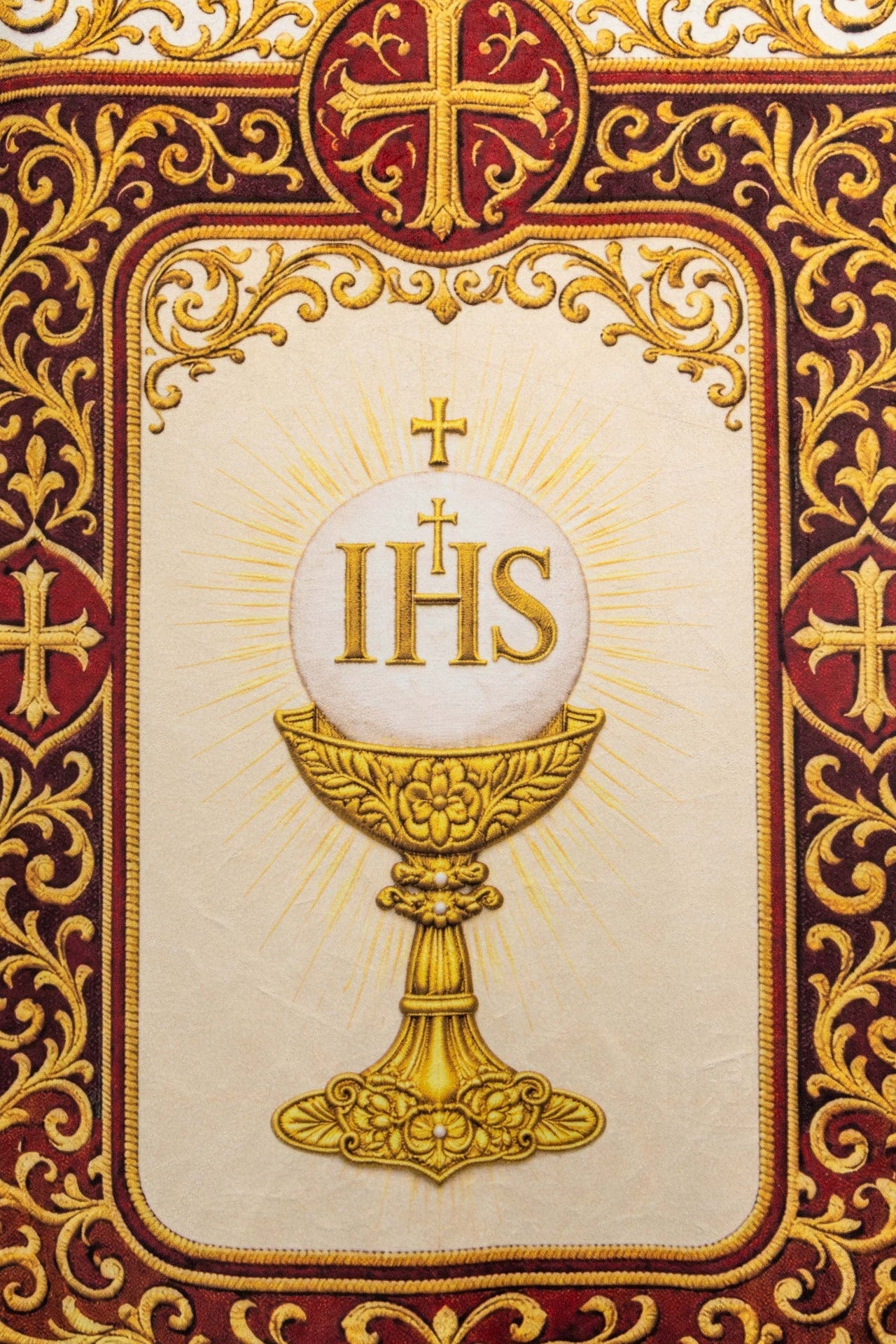 Bannière liturgique imprimée recto verso avec le Sacré-Cœur de Jésus et le calice IHS CHD/002/09-05/109 80*130 - CHASUBLES.FR