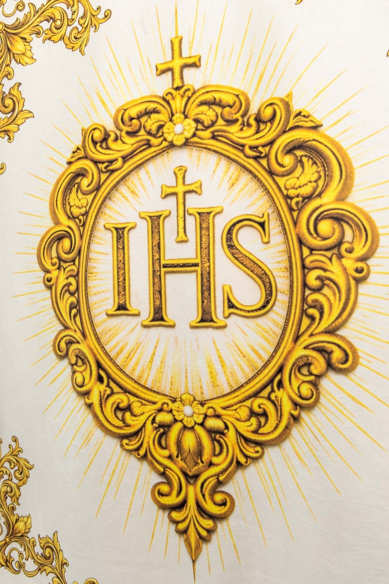 Bannière liturgique imprimée recto verso avec le Sacré-Cœur de Jésus et le christogramme IHS CHD/001/05/109 80*130 - CHASUBLES.FR