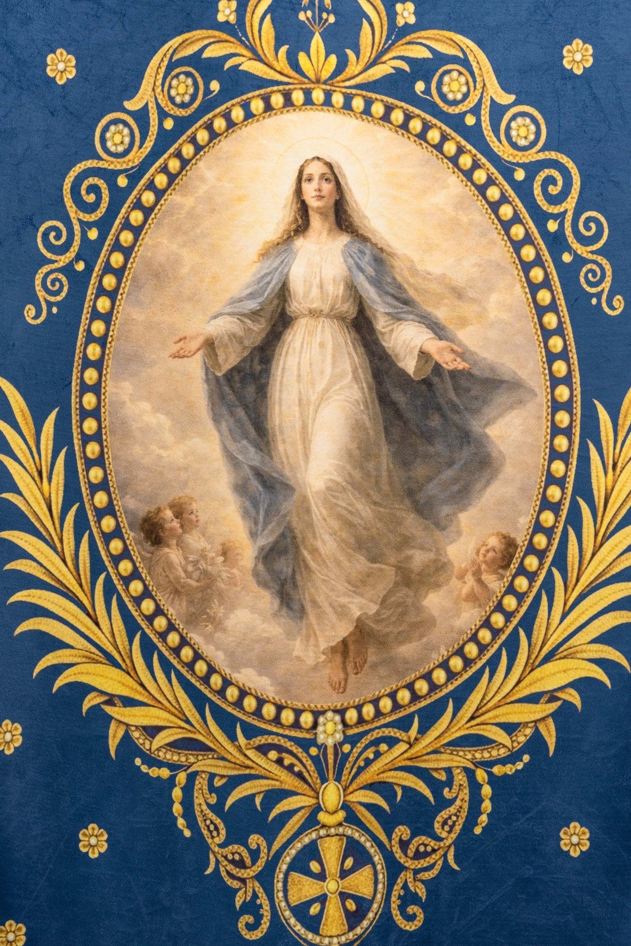 Bannière liturgique imprimée recto verso avec Notre-Dame de l’Assomption et le monogramme marial CHD/005/06-05/109 80*130 - CHASUBLES.FR