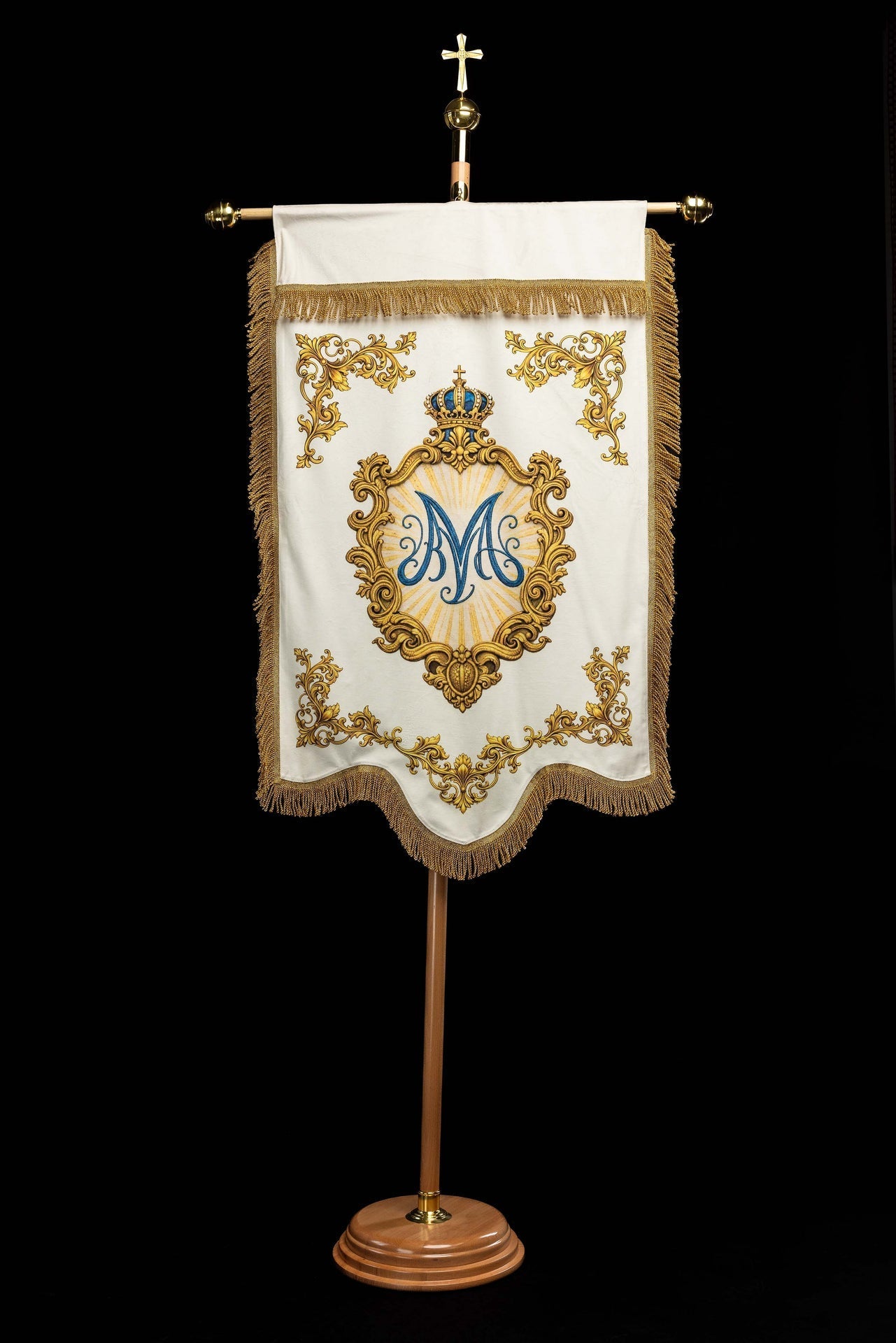Bannière liturgique mariale imprimée recto verso avec le symbole du Cœur et le monogramme marial CHD/003/05/109 80*130 - CHASUBLES.FR